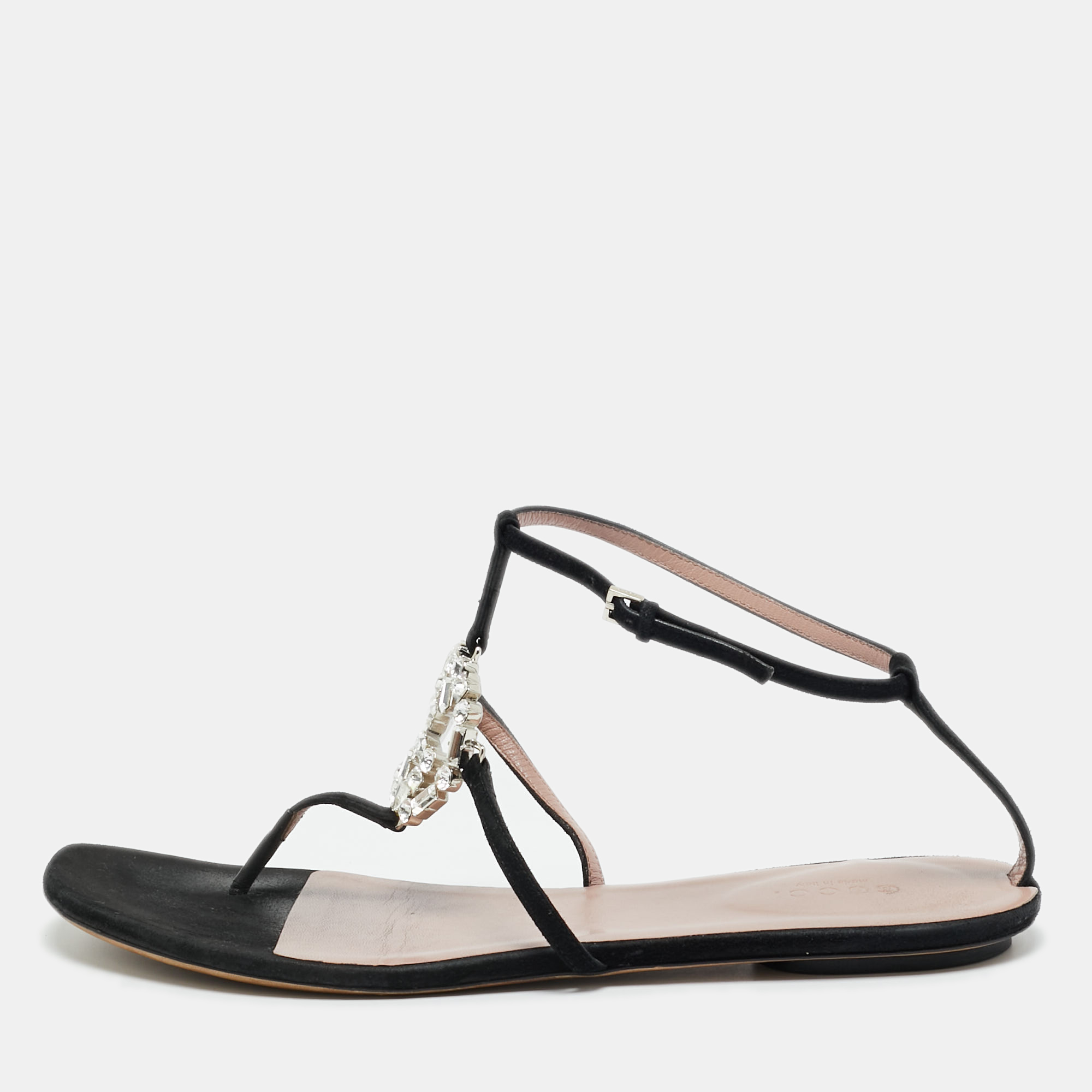 Pre-owned Gucci Black Suede Gg Interlocking Crystal Embellished Ankle Strap Flat Sandals Size 39