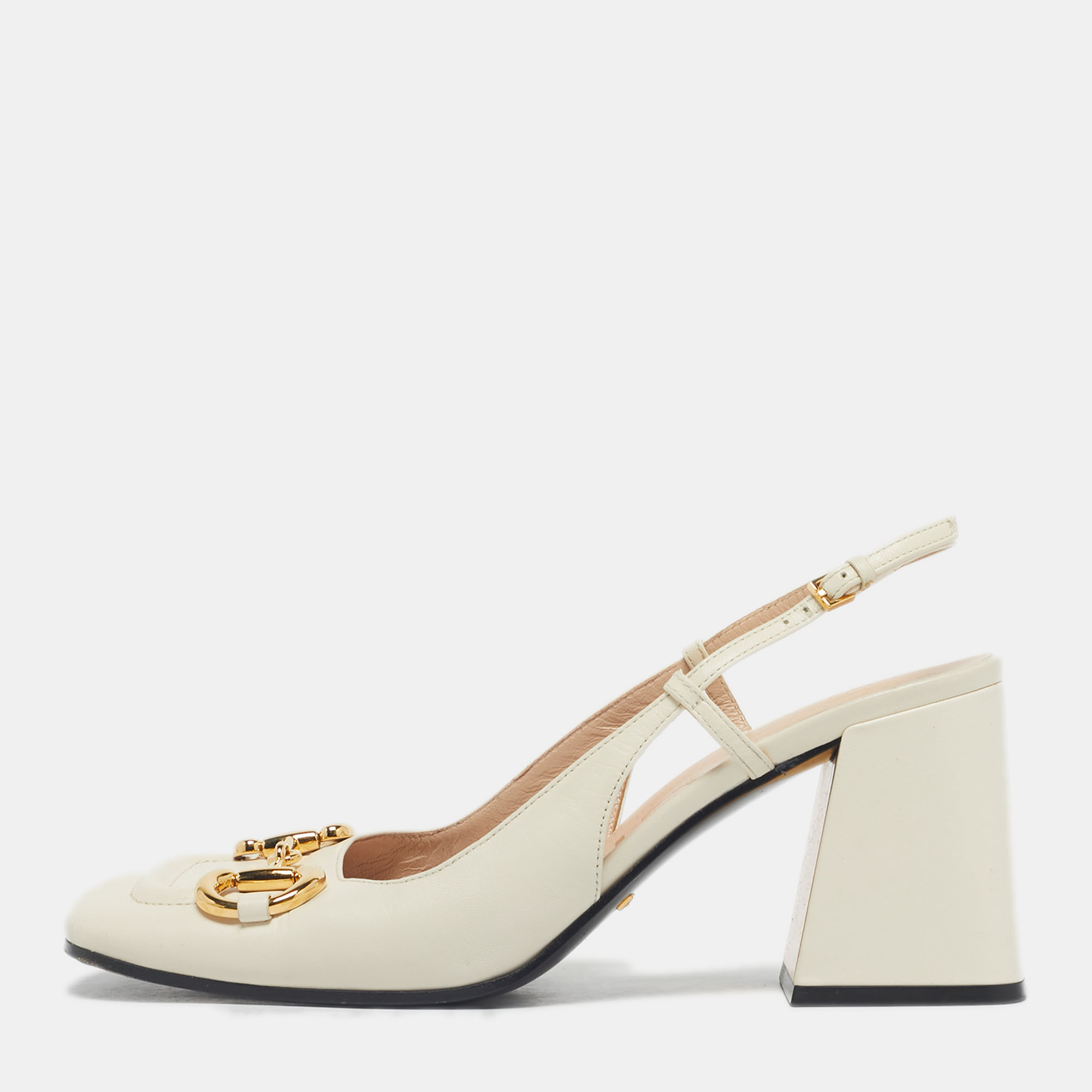 

Gucci Cream Leather Horsebit Platform Slingback Pumps Size