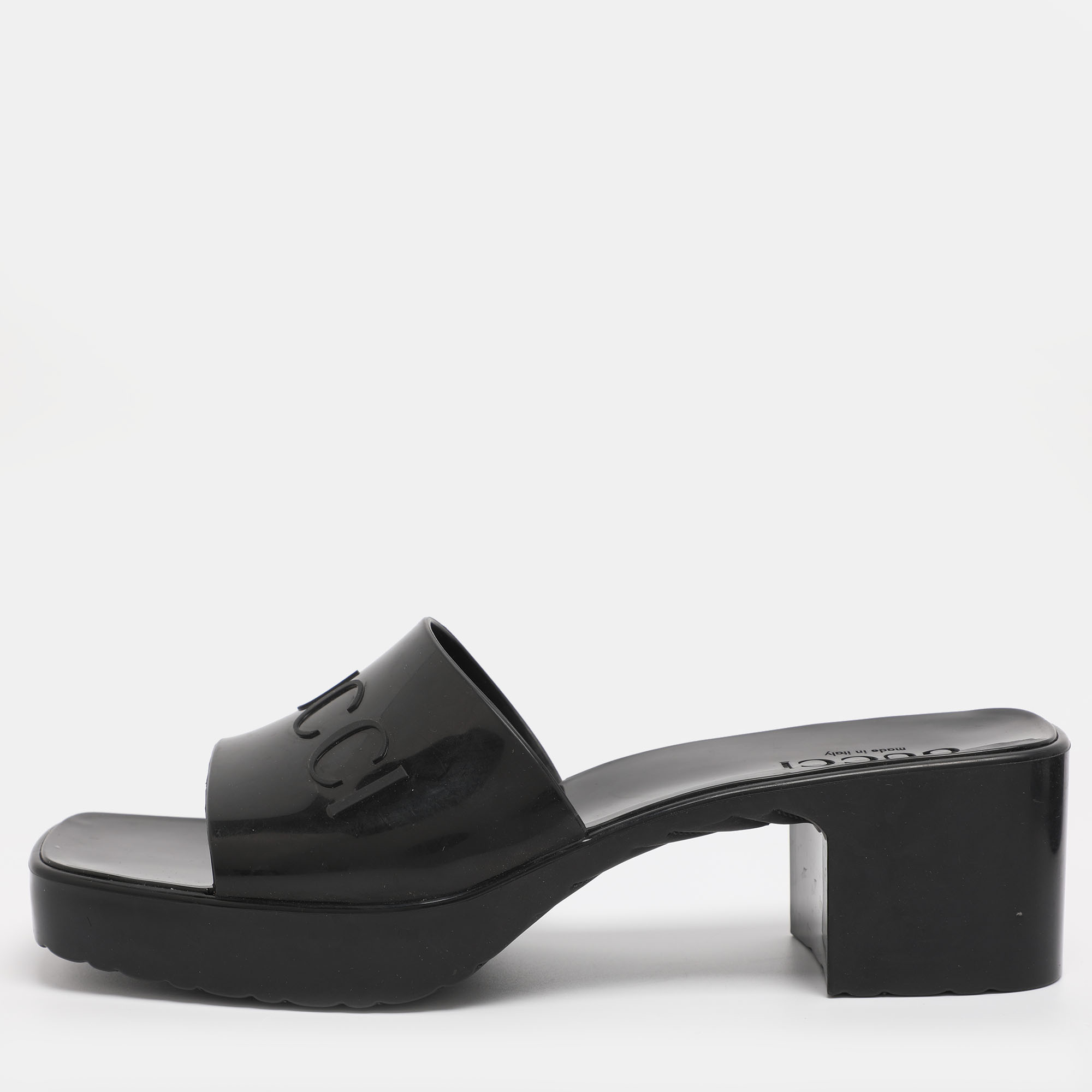 Pre-owned Gucci Black Rubber Embossed Logo Block Heel Slide Sandals Size 39