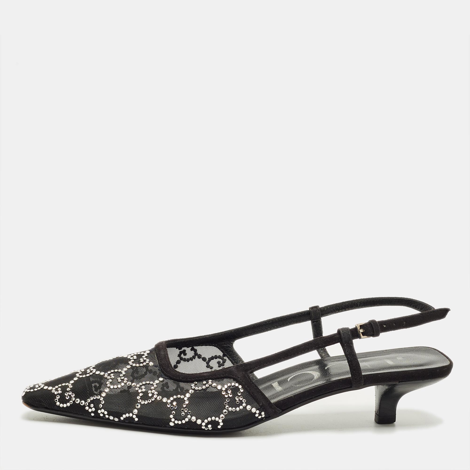 Pre-owned Gucci Black Suede And Mesh Crystal Embellished Slingback Pumps Size 37