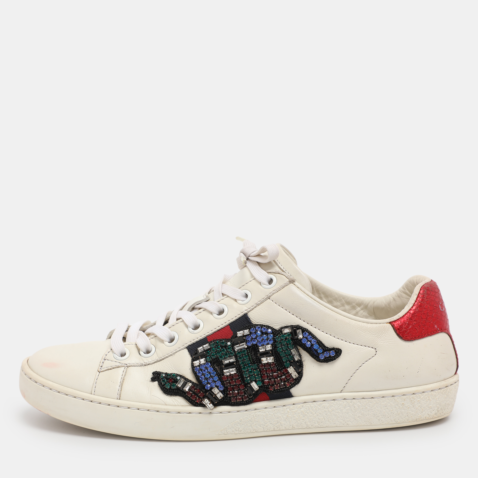 

Gucci White Snakeskin Embossed and Leather Ace Low Top Sneakers Size
