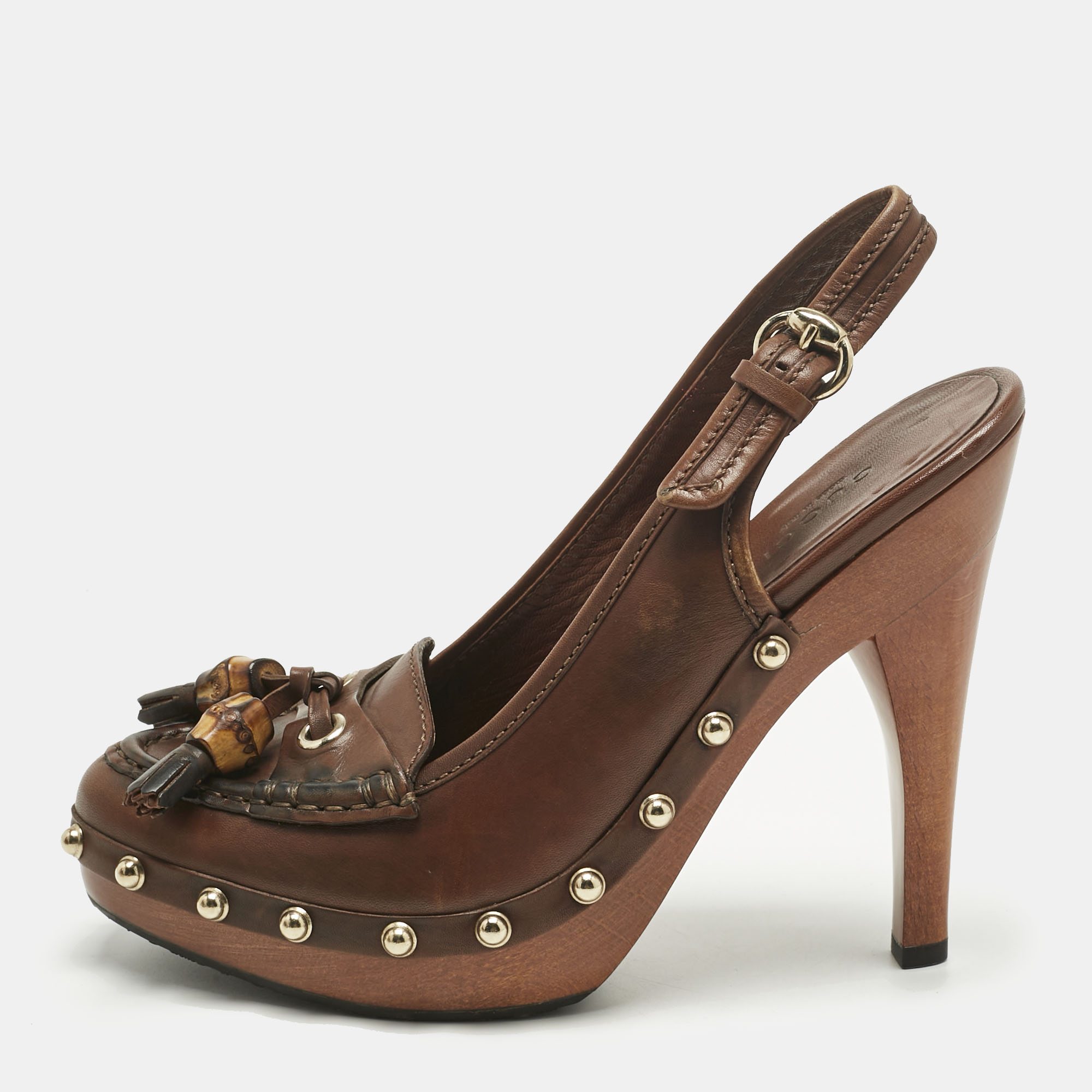 

Gucci Brown Leather Bamboo Fringe Slingback Pumps Size