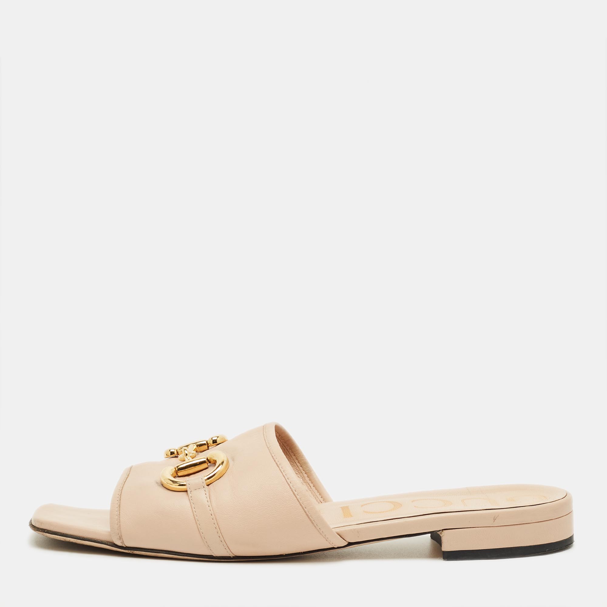 Pre-owned Gucci Pink Leather Horsebit Slide Flats Size 40