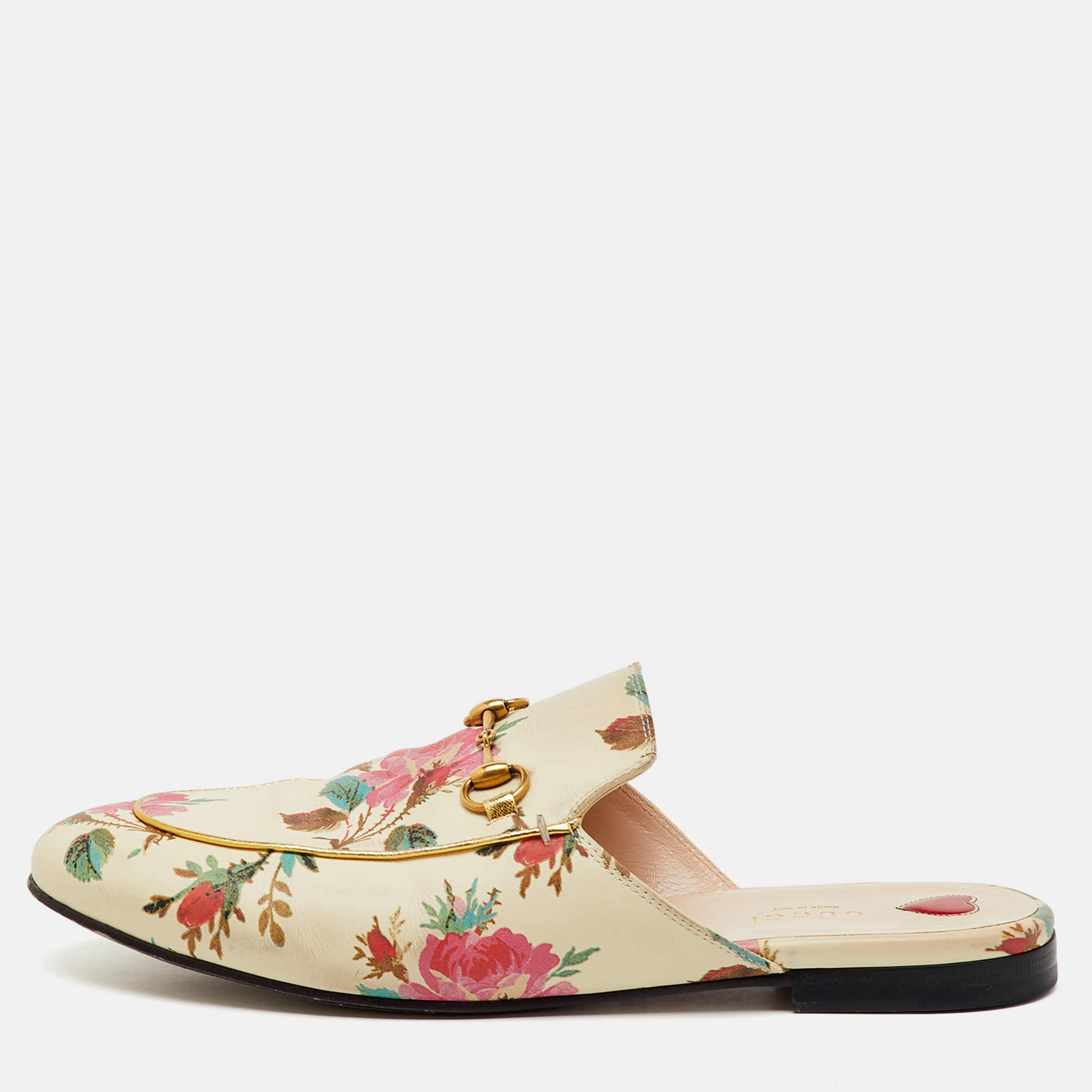 Pre-owned Gucci Cream Leather Floral Print Princetown Flat Mules Size 41.5 In White