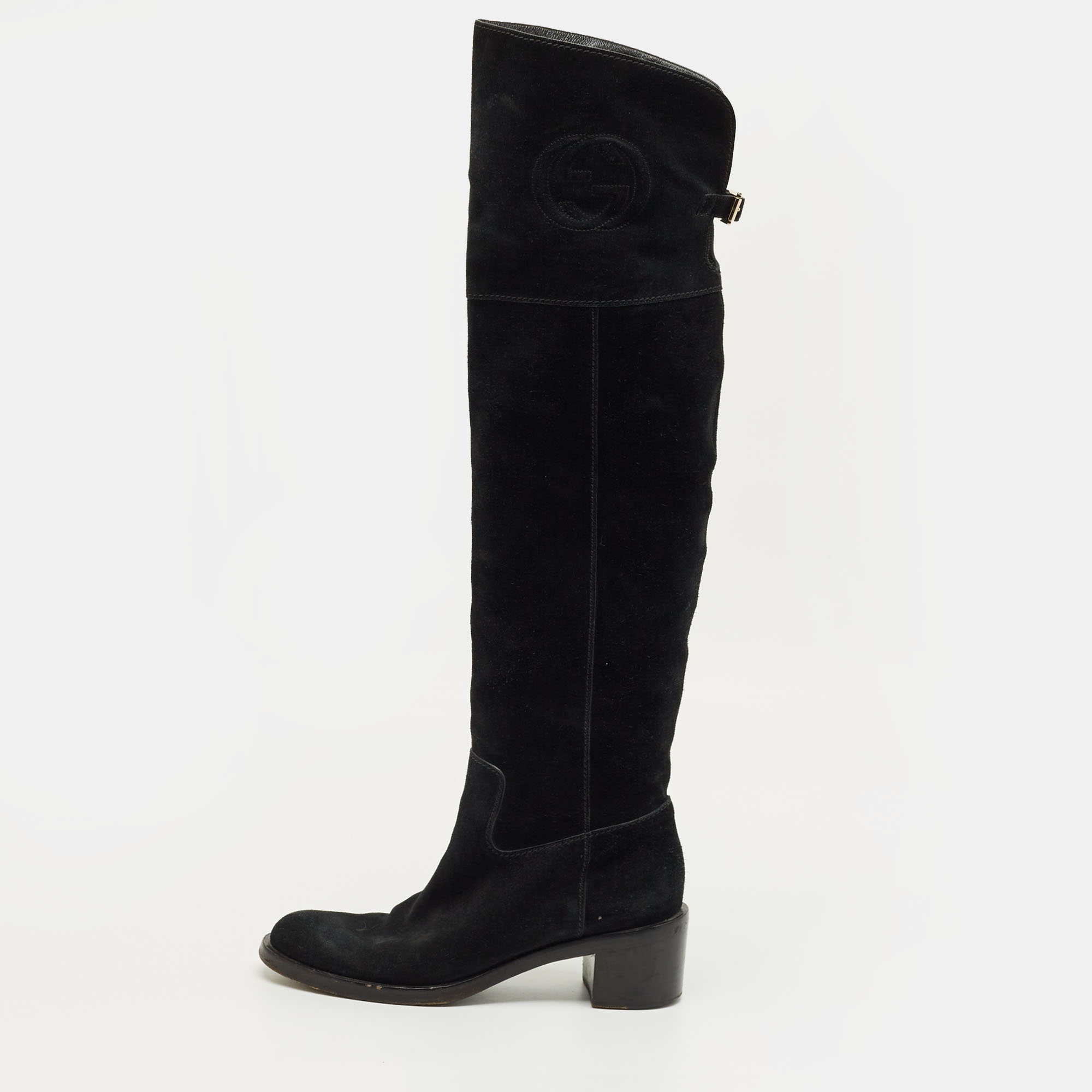 Pre-owned Gucci Black Leather And Suede Horsebit Knee Length Boots Size 39