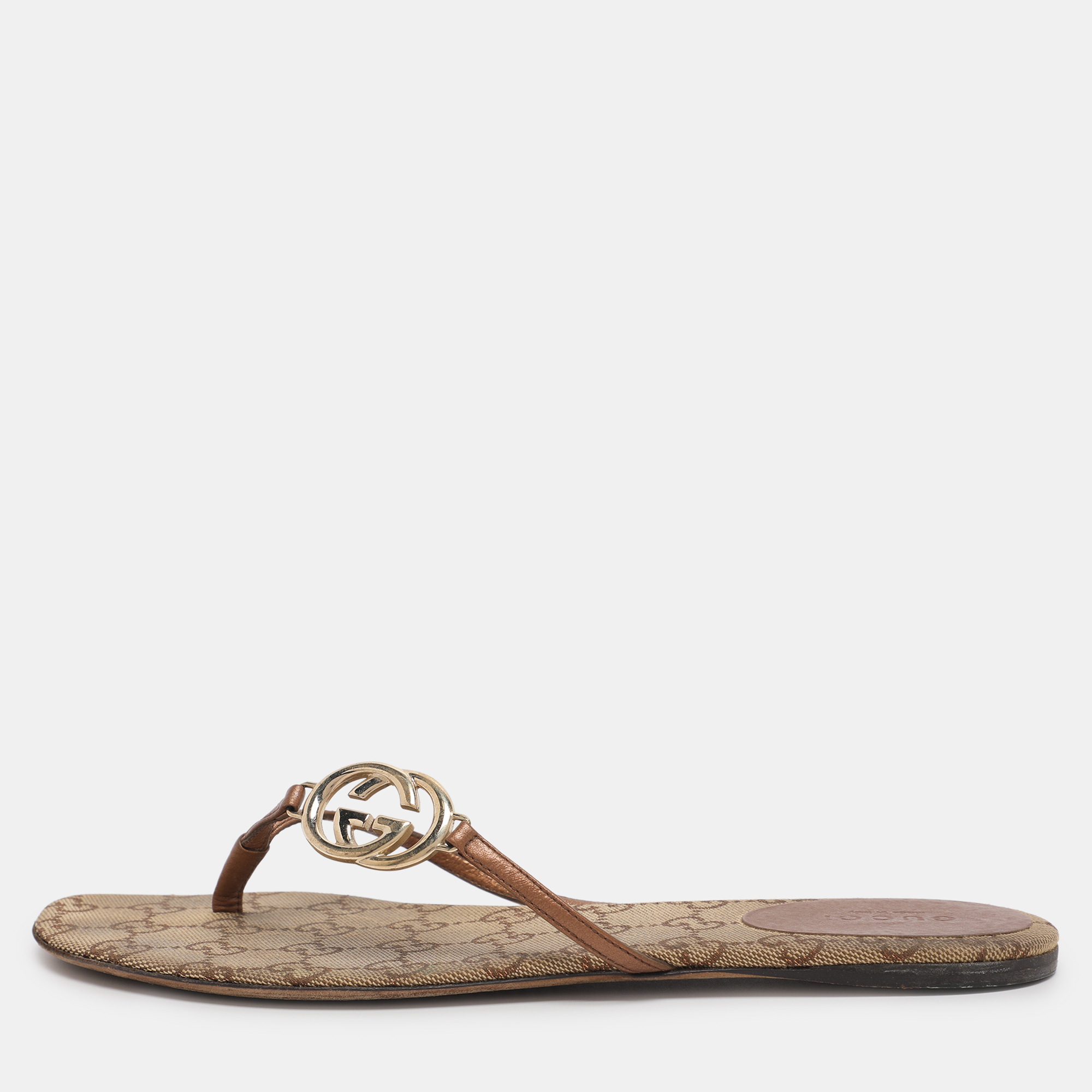 

Gucci Brown Leather Interlocking GG Flat Thong Sandals Size 37.5