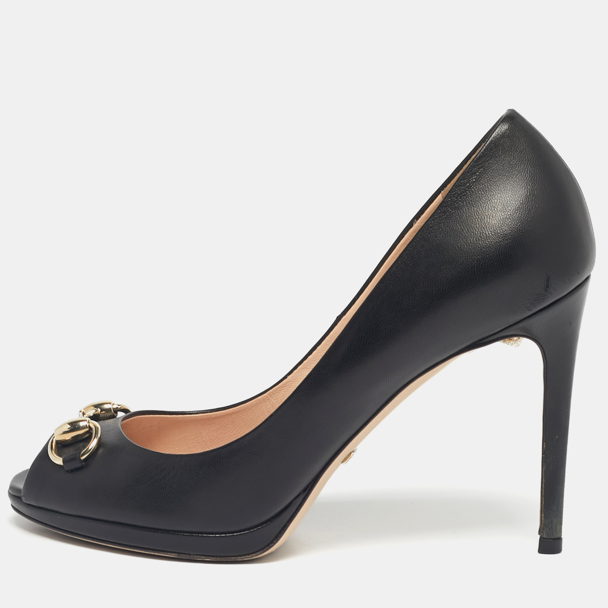 

Gucci Black Leather Jolene Peep Toe Pumps Size