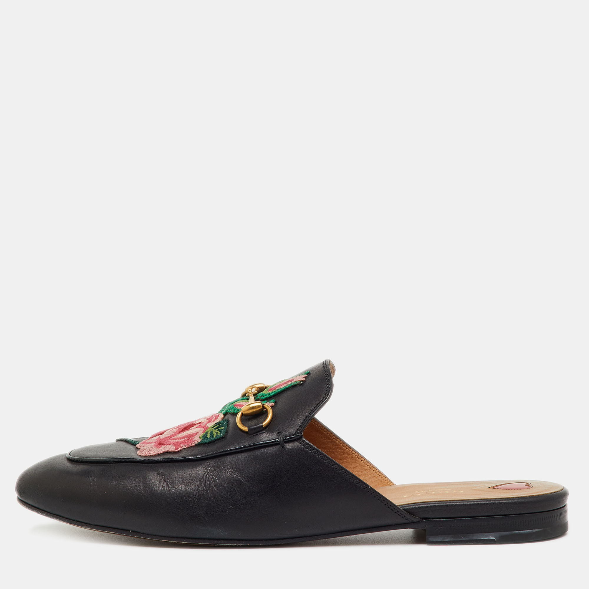 Pre-owned Gucci Black Leather Rose Embroidered Princetown Flat Mules Size 41.5