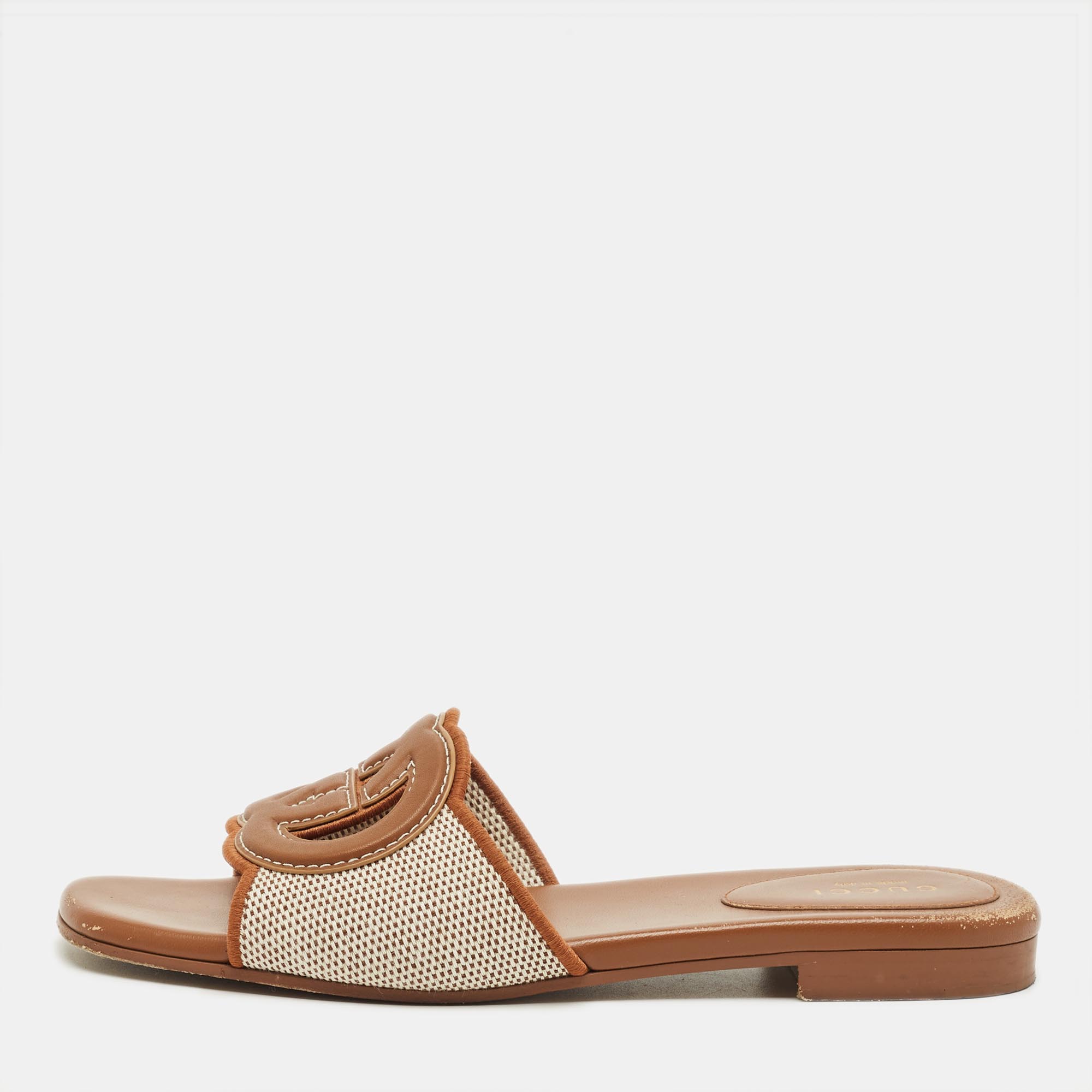Pre-owned Gucci Brown/beige Leather And Canvas Interlocking G Flat Slides Size 37