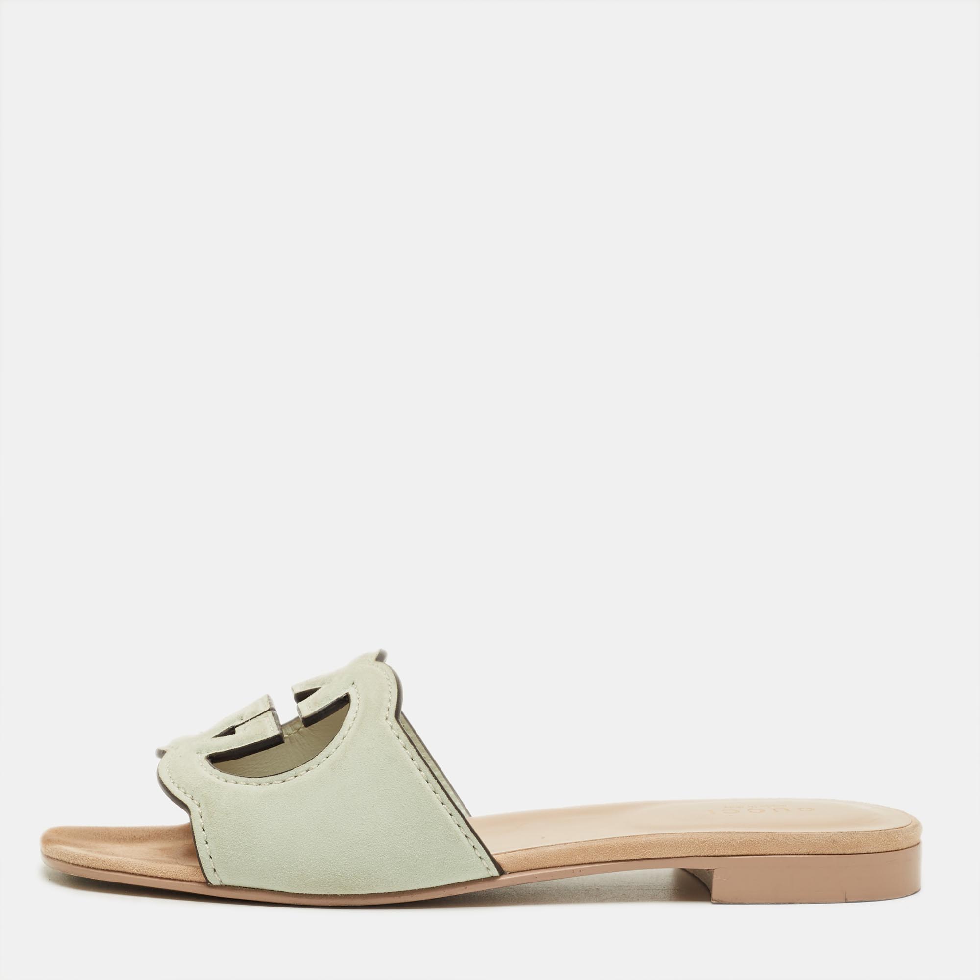

Gucci Pale Green Suede Interlocking G Flat Slides Size