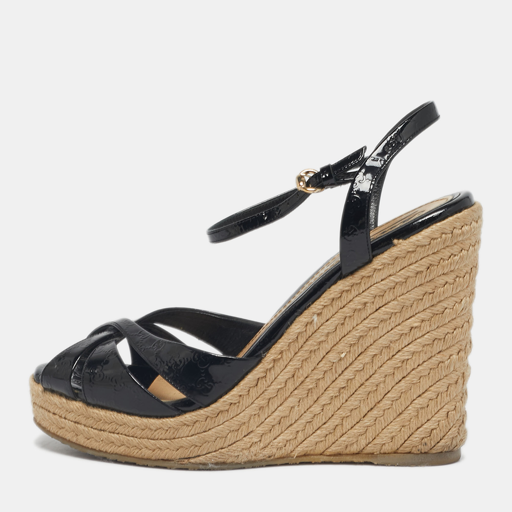 Pre-owned Gucci Black Patent Microssima Leather Penelope Espadrille Wedge Sandals Size 35.5