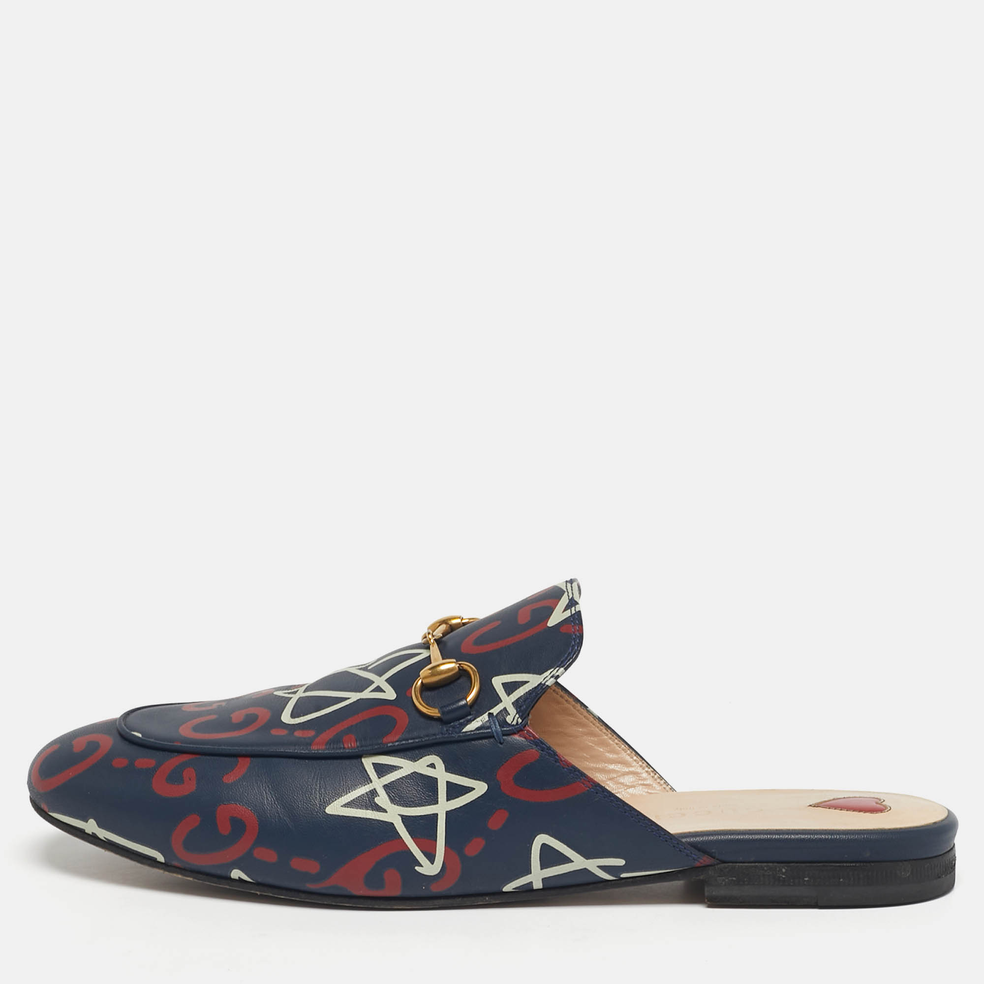 Pre-owned Gucci Navy Blue Ghost Print Leather Princetown Flat Mules Size 38