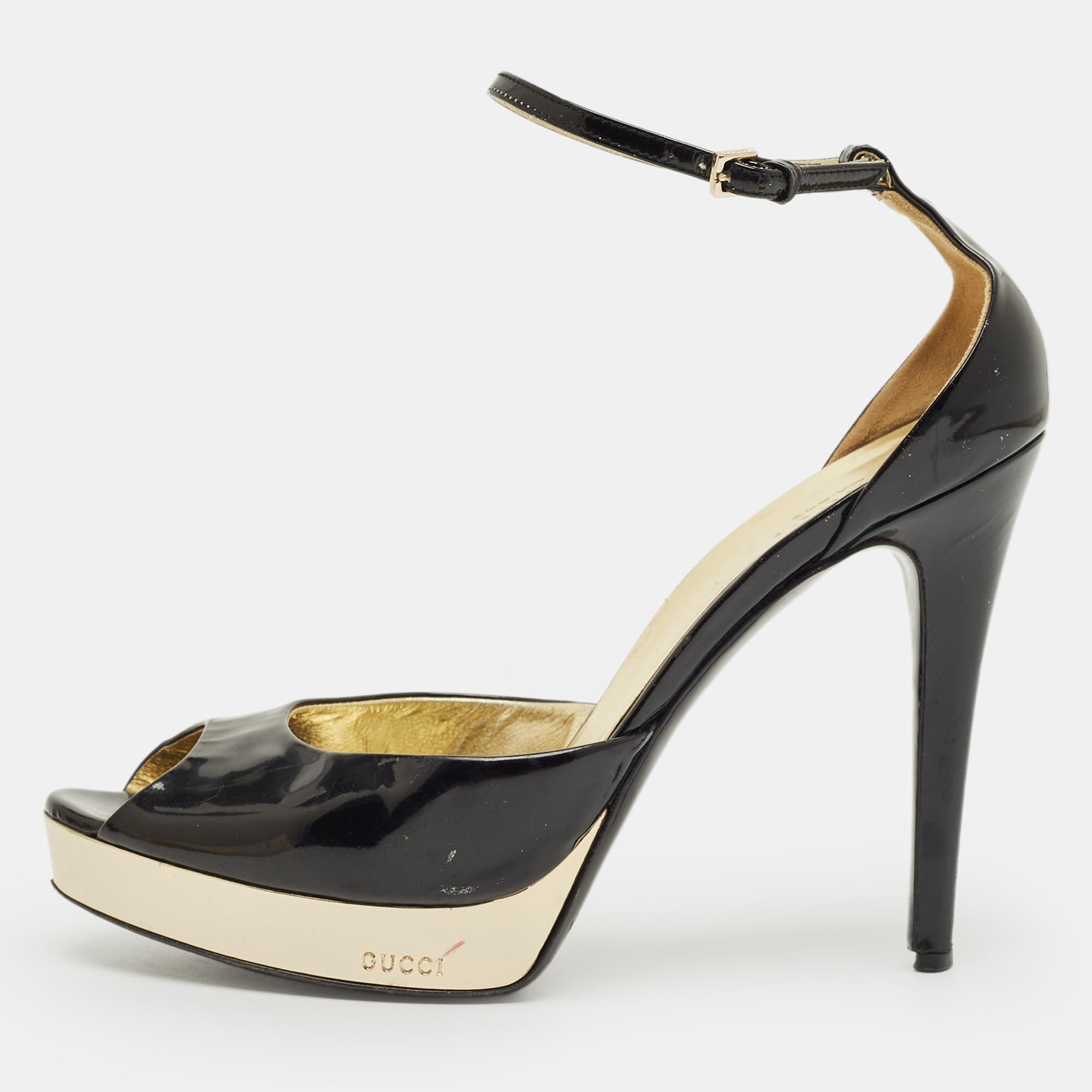 Pre-owned Gucci Black Patent Leather Peep Toe Ankle Strap Sandals Size 38