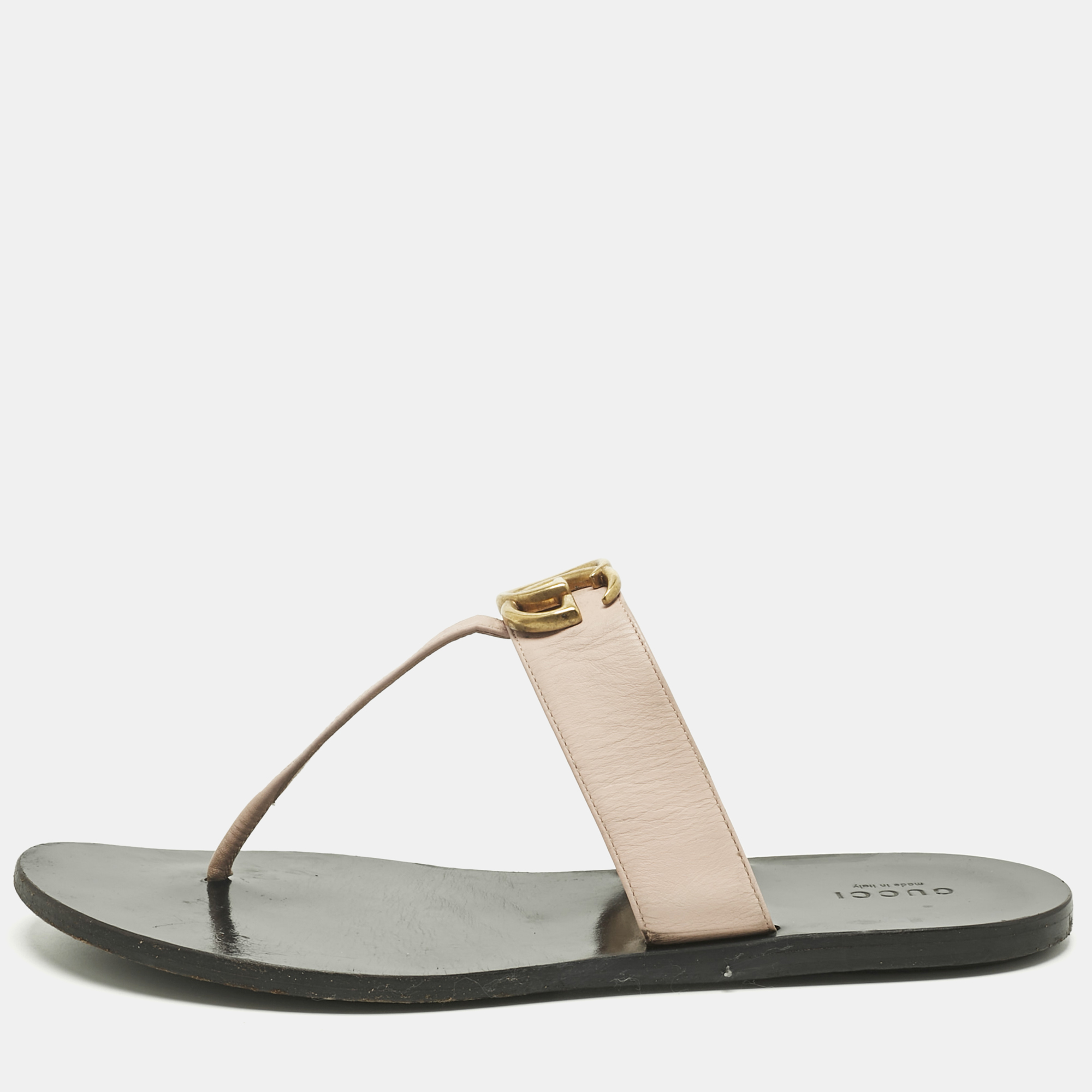 Pre-owned Gucci Pink Leather Gg Marmont Thong Slide Flats Size 40