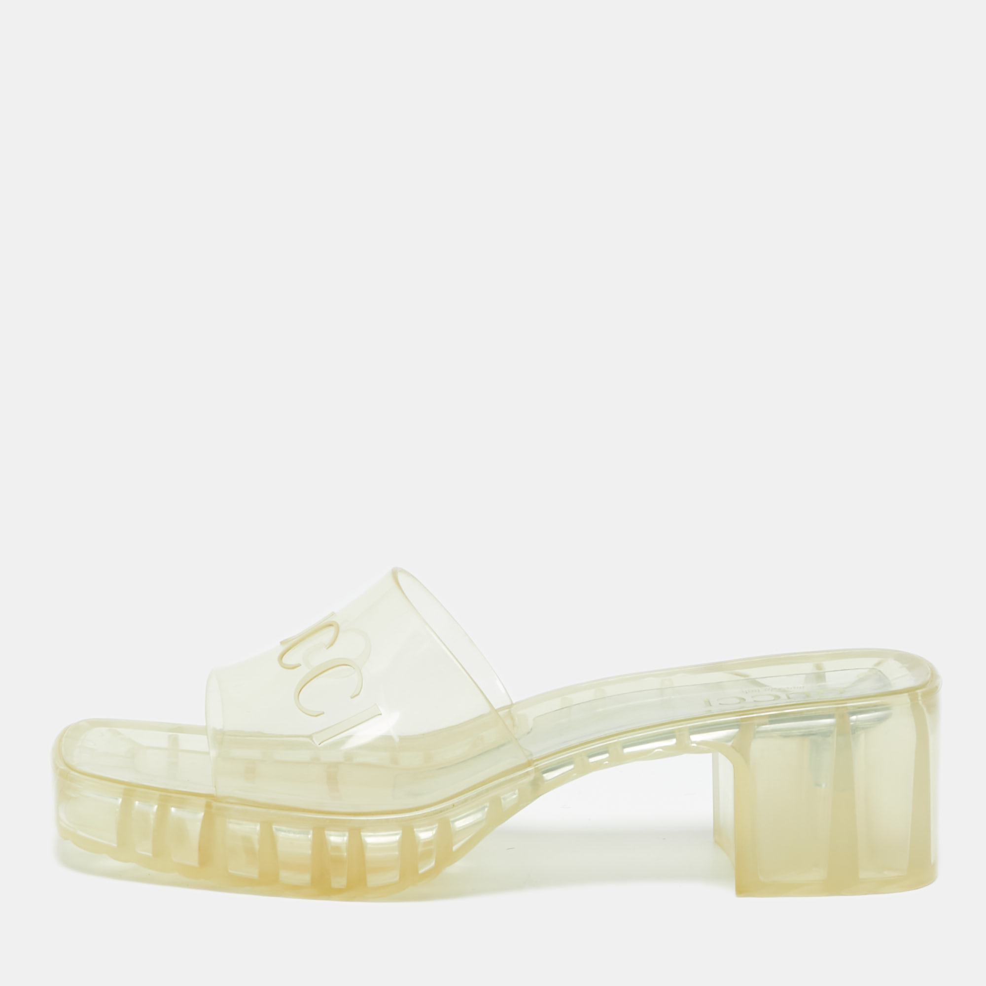 Pre-owned Gucci Transparent Jelly Logo Block Heel Slide Sandals Size 41