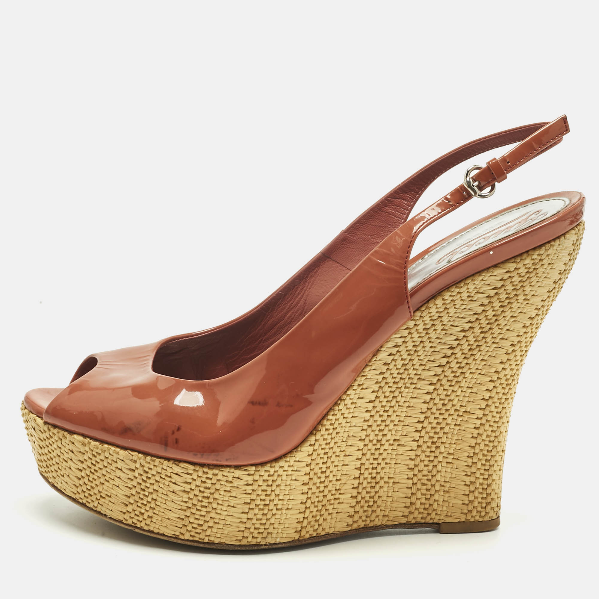 Pre-owned Gucci Coral Red Patent Leather Espadrille Wedge Slingback Pumps Size 41