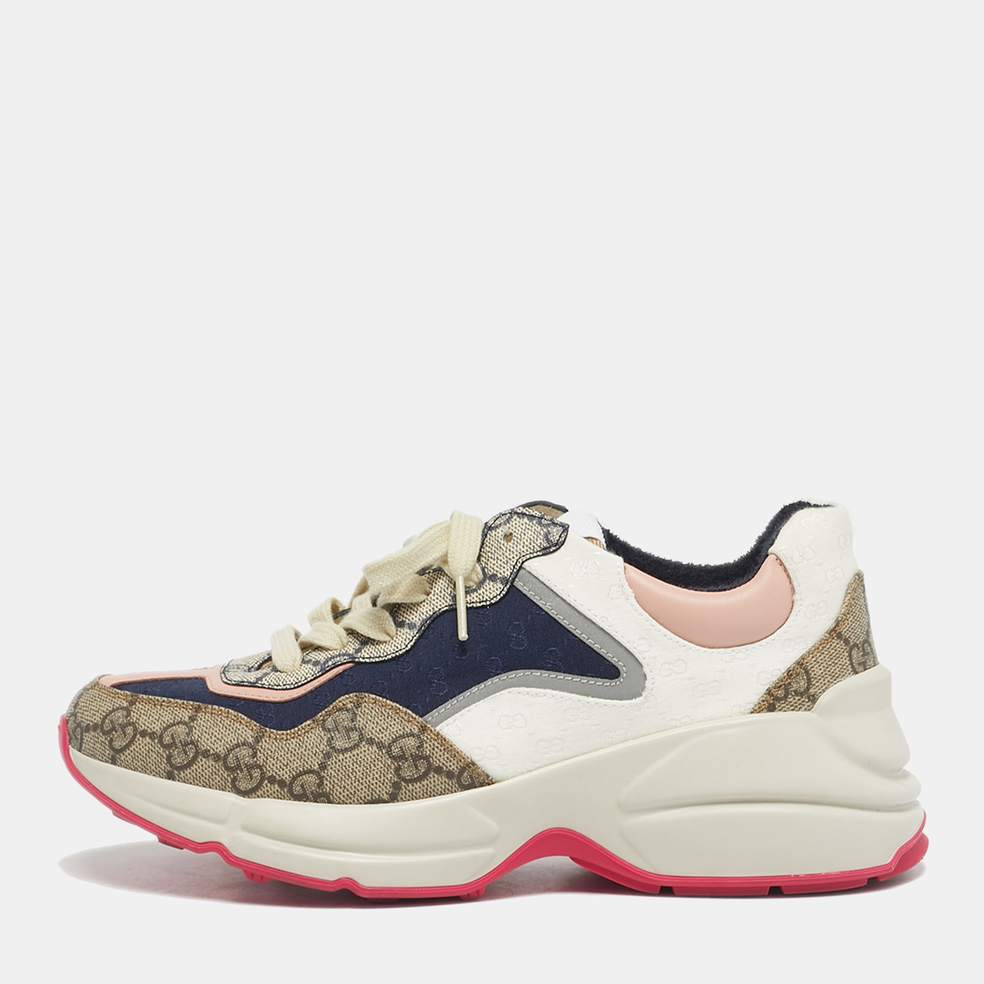 Pre-owned Gucci Multicolor Gg Supreme Canvas And Leather Rhyton Sneakers Size 37.5