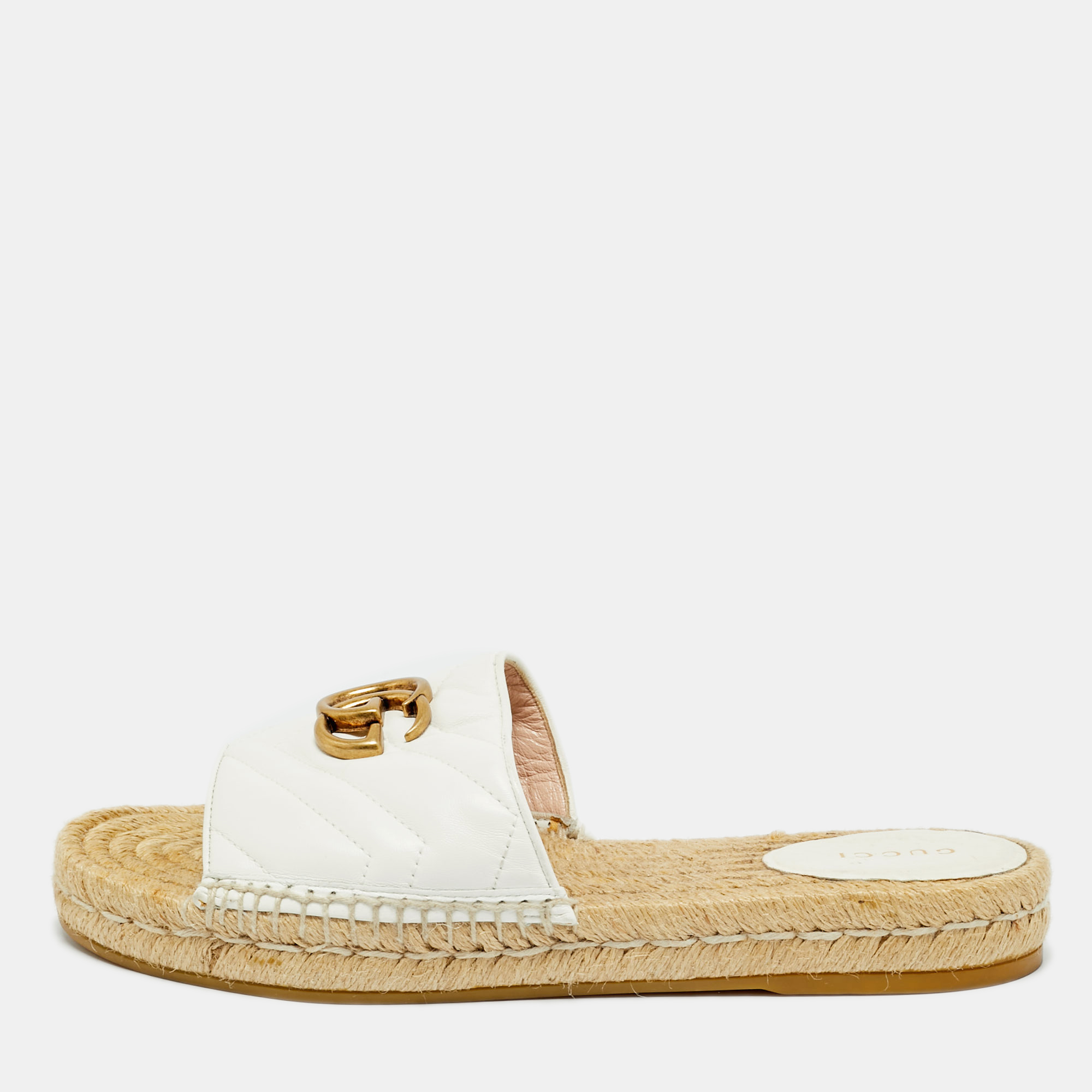 Pre-owned Gucci White Leather Gg Marmont Espadrille Slide Sandals Size 39.5