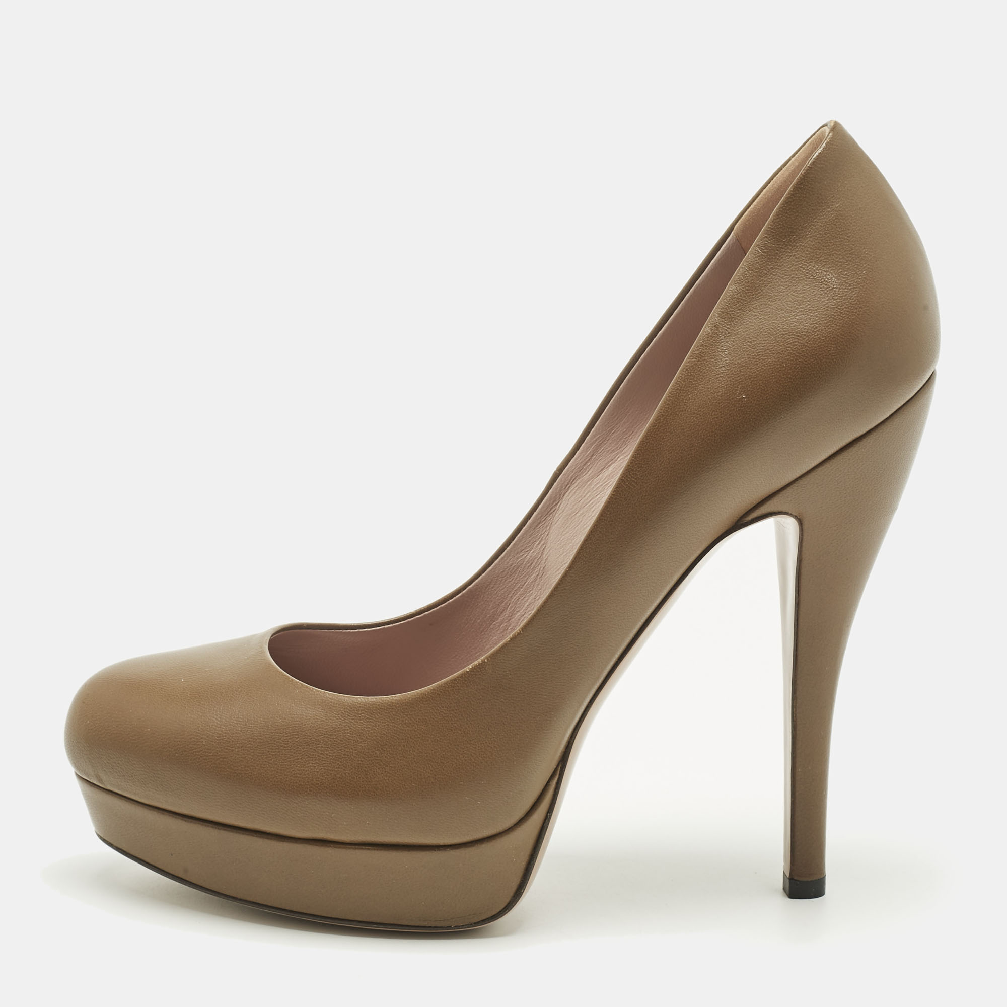 Pre-owned Gucci Brown Leather Round Toe Platform Pumps Size 38.5