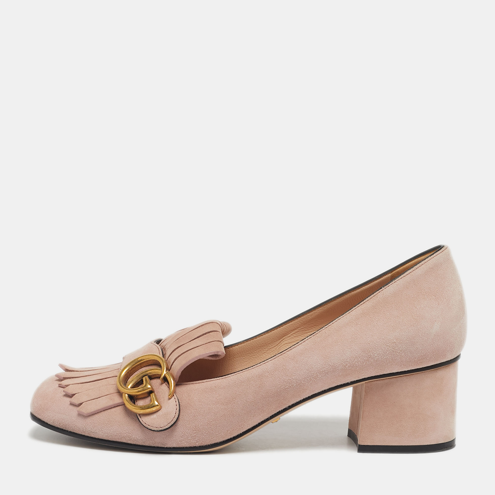 

Gucci Light Pink Suede GG Marmont Fringe Block Heel Pumps Size