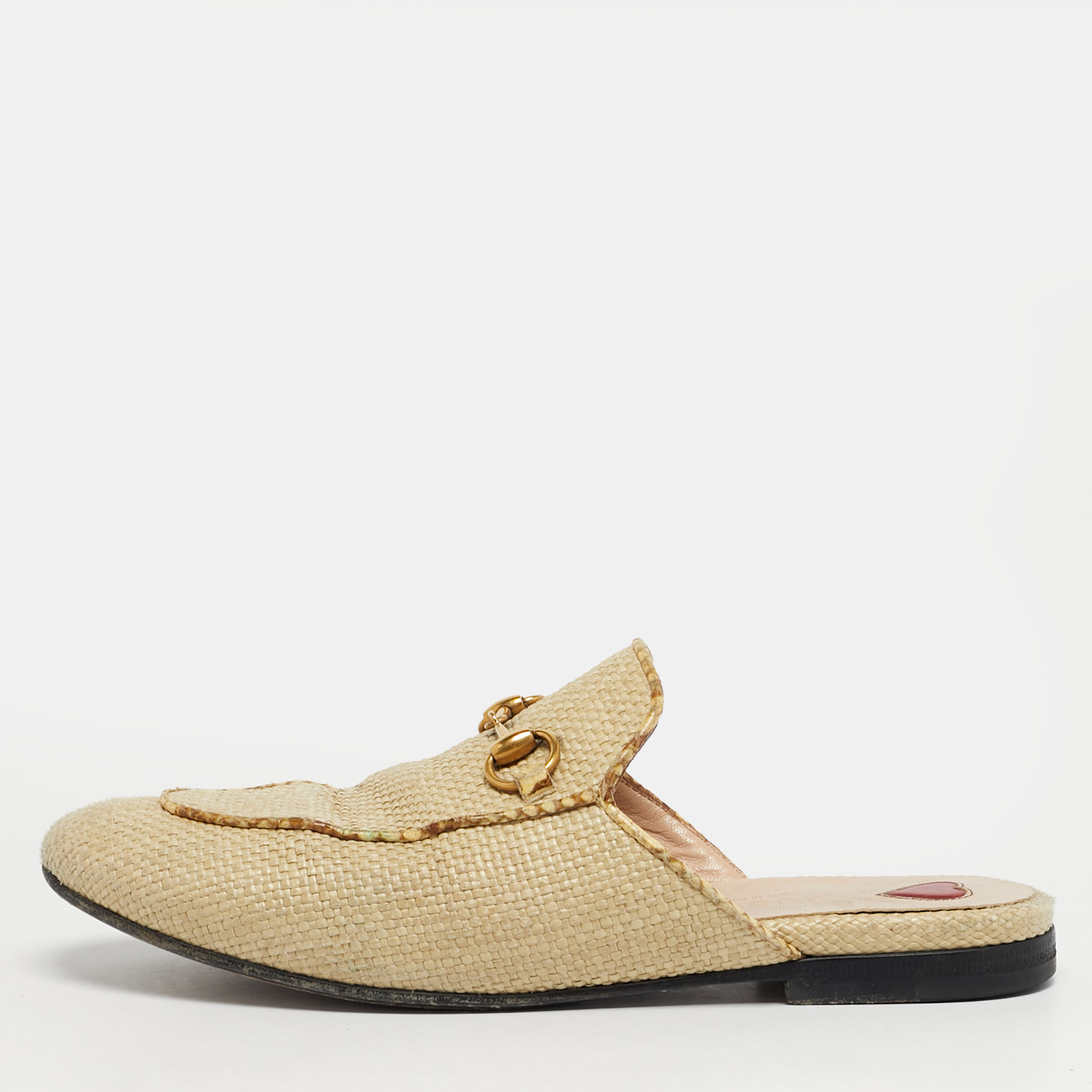 Pre-owned Gucci Beige Raffia And Snakeskin Leather Princetown Flat Mules Size 36 In Sand