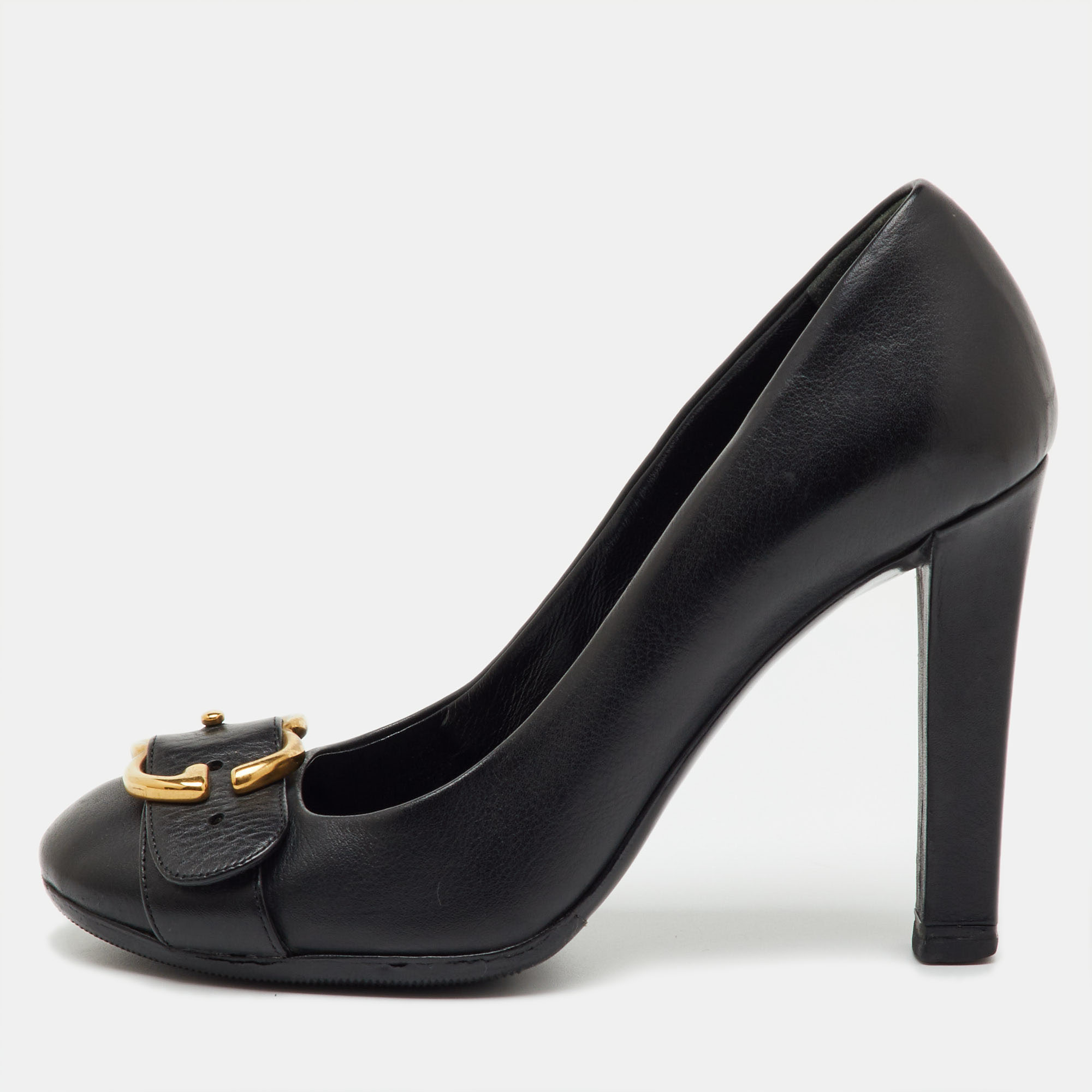 GUCCI Pre-owned Black Leather Gg Buckle Detail Round Toe Pumps Size 36.5