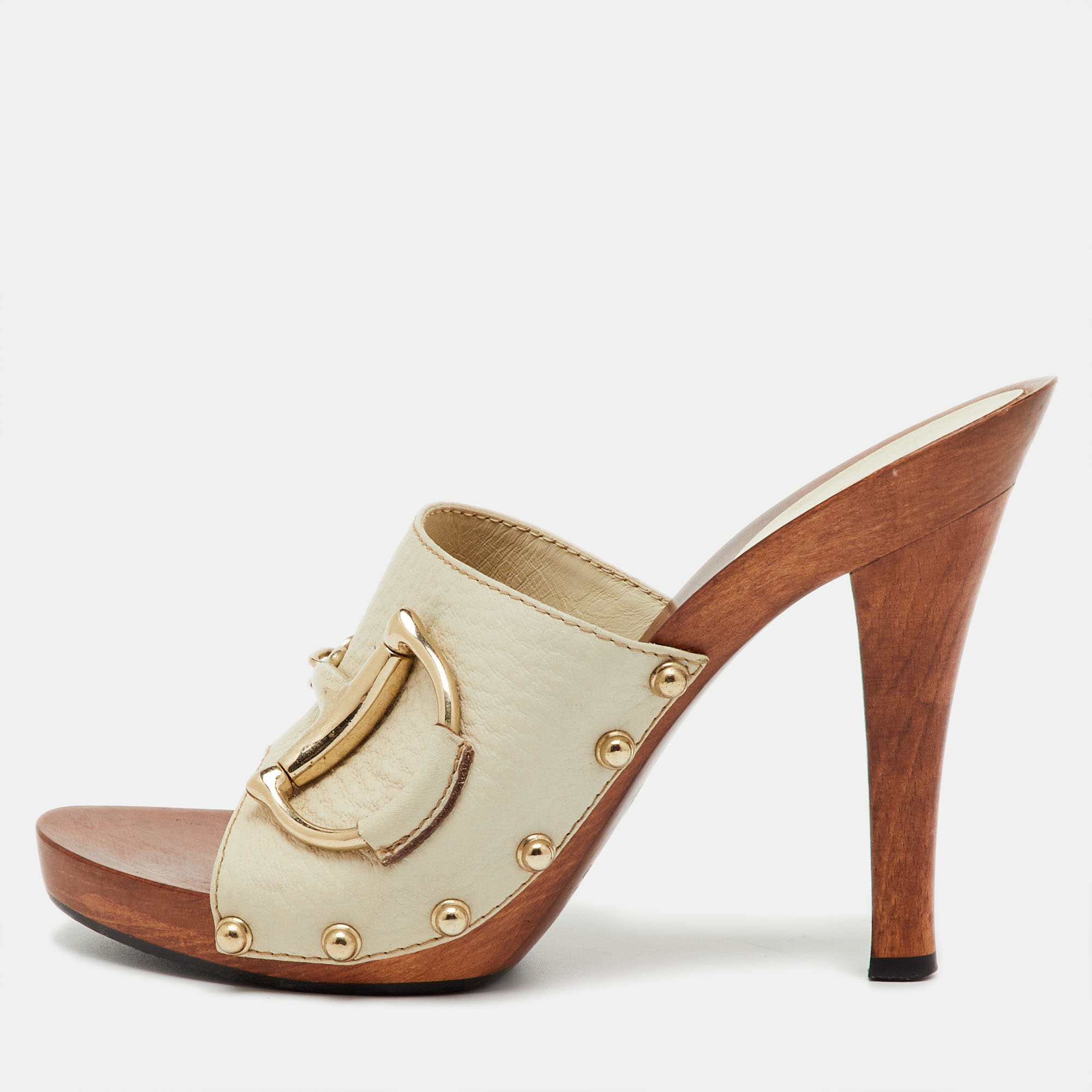 

Gucci Off White Leather Icon Bit Platform Open Toe Clogs Size