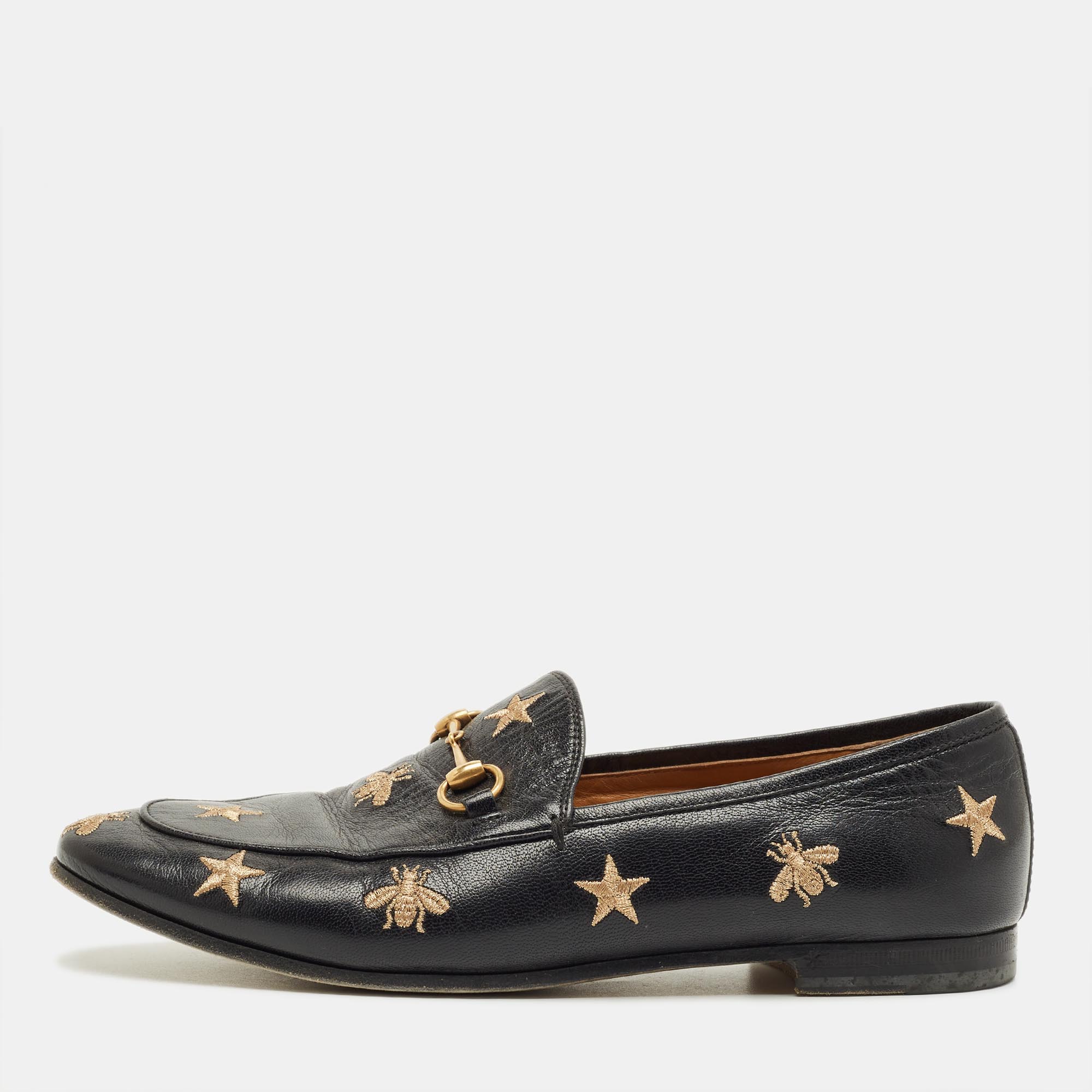 

Gucci Black Leather Embroidered Bee Star Horsebit Slip On Loafers Size