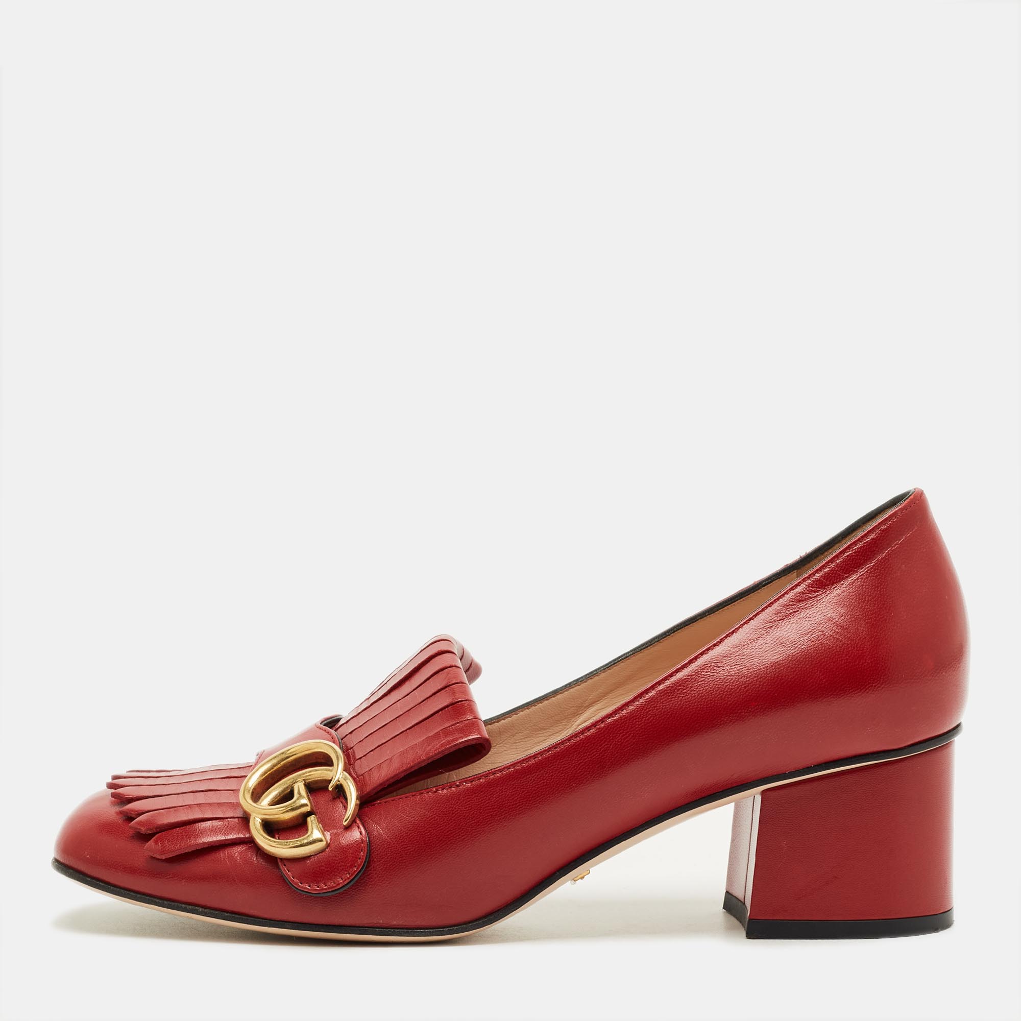 

Gucci Red Leather GG Marmont Fringe Block Heel Pumps Size