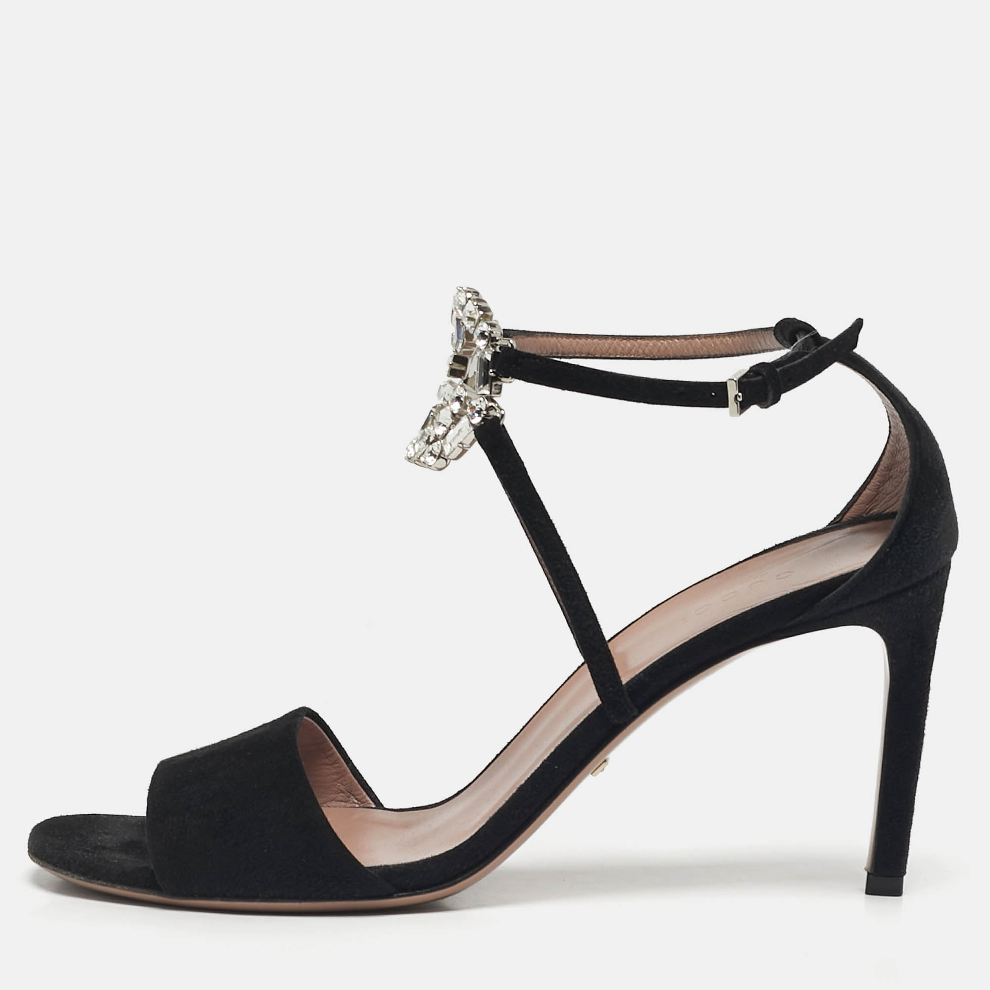 

Gucci Black Suede Interlocking G Crystals Ankle Strap Sandals Size