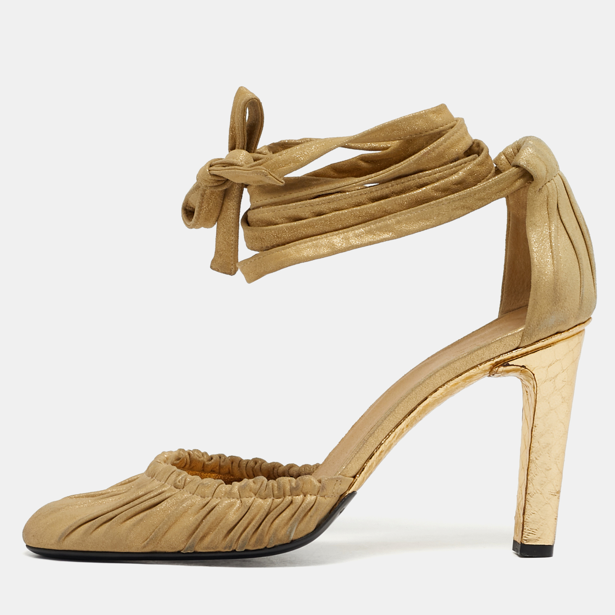 

Gucci Size  Gold Python Embossed Leather and Suede Ankle Wrap Pumps
