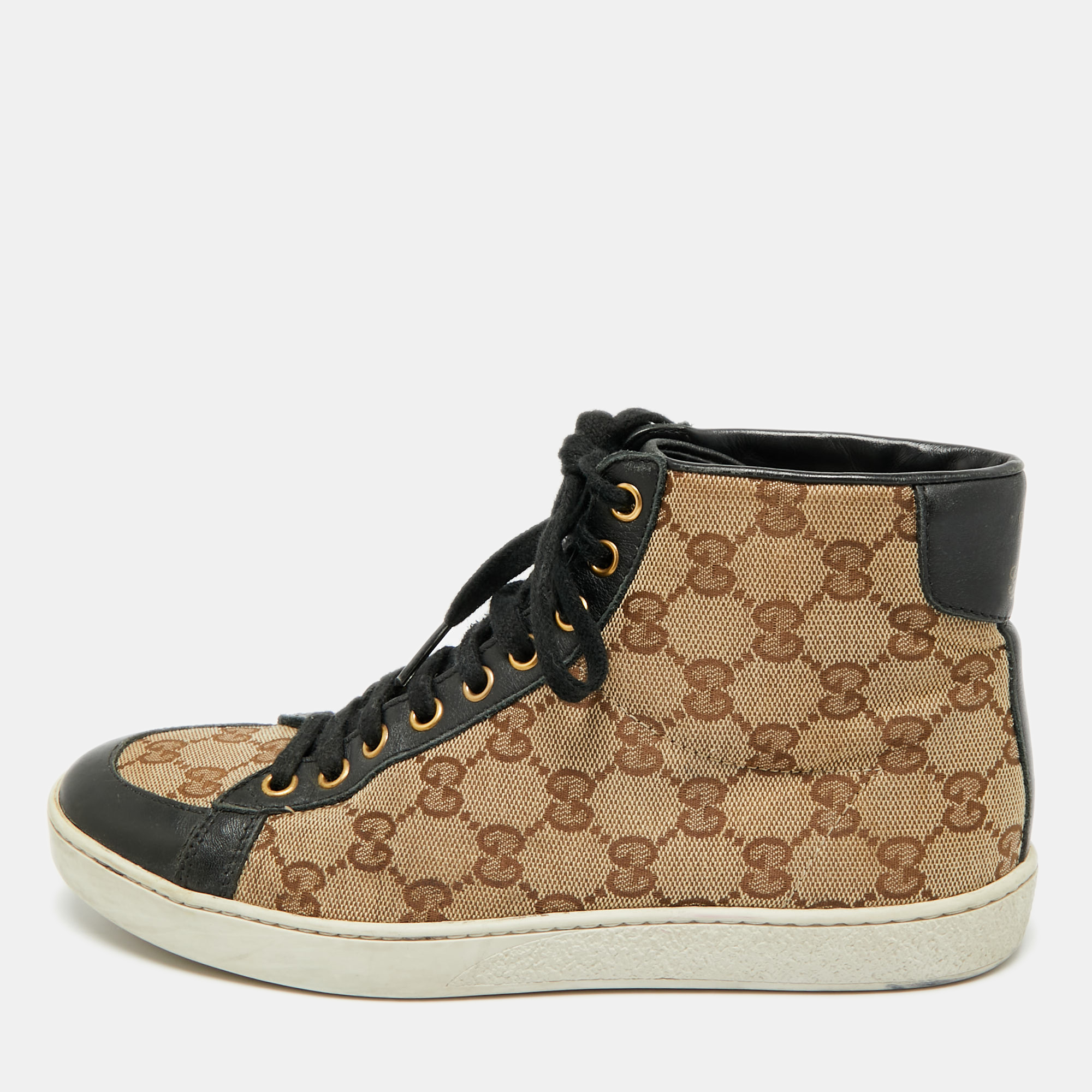 Pre-owned Gucci California Size 36.5 Brown/navy Blue Coated Canvas And Leather High Top Sneakers
