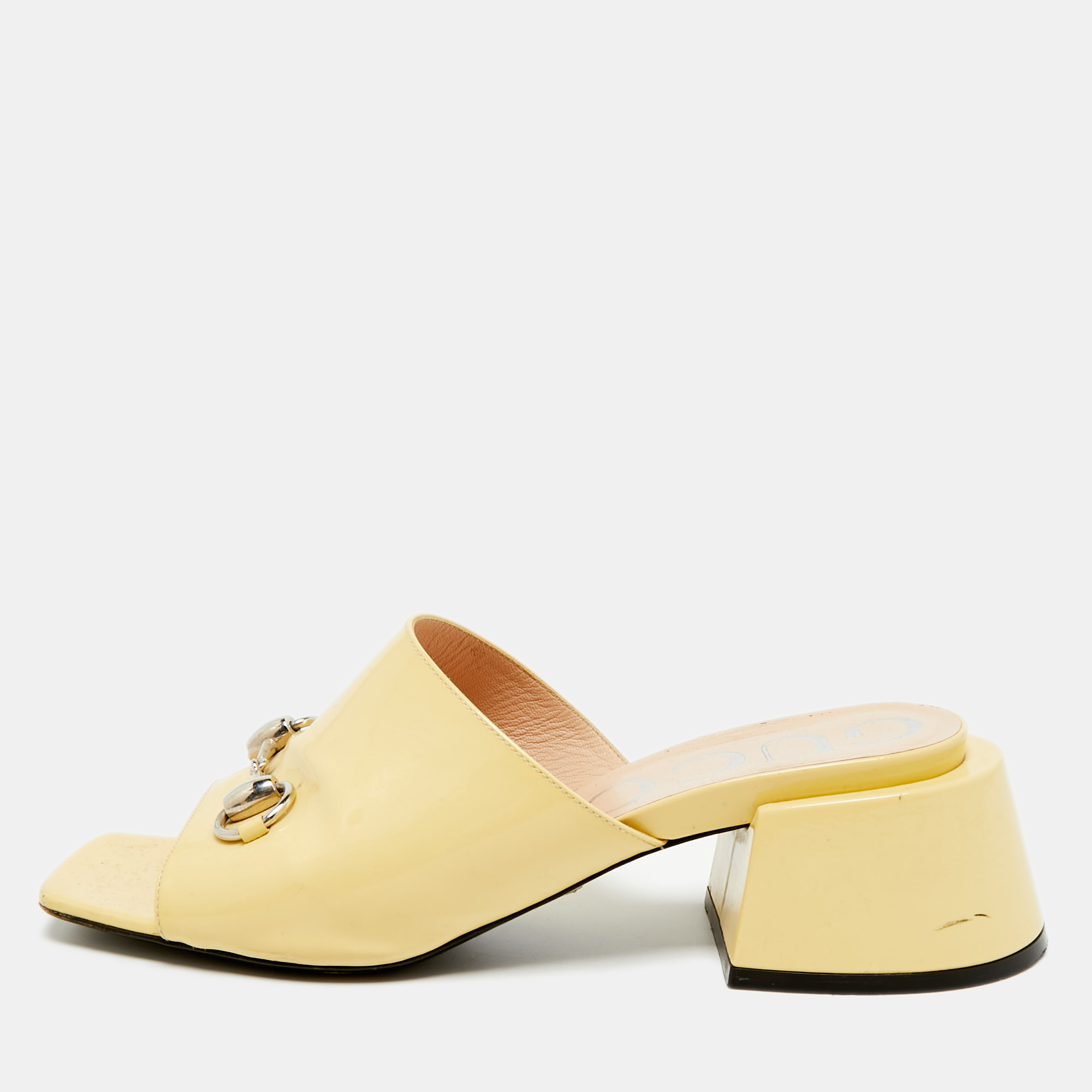 Pre-owned Gucci Horsebit Size 39.5 Yellow Patent Leather Slide Sandals