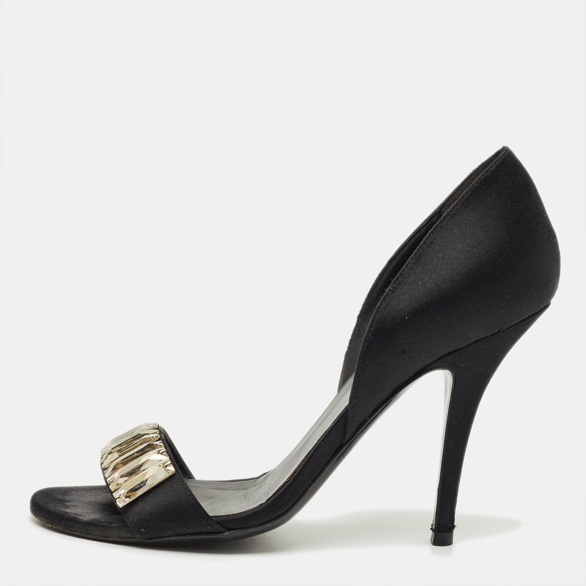 Click to view more detailed imagery on our partner's website Pre-owned Gucci Crystal Embellished Size 36.5 Black Satin Open Toe D'orsay Pumps