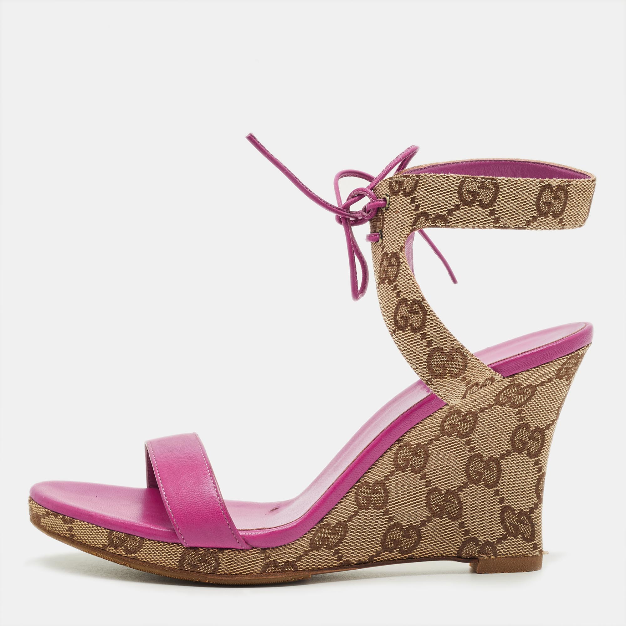 

Gucci Size  Brown Canvas and Leather Wedge Ankle Strap Sandals