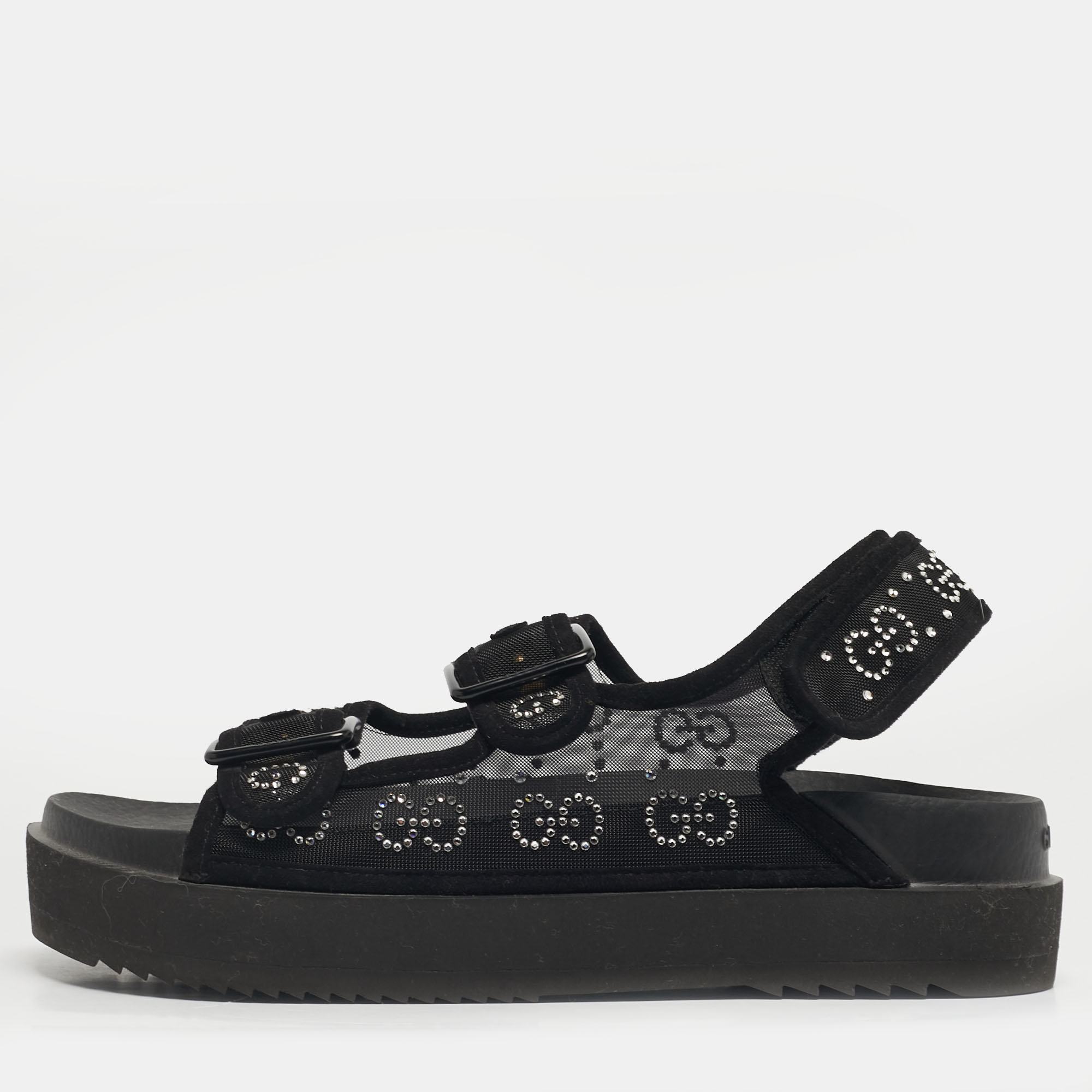 Click to view more detailed imagery on our partner's website Pre-owned Gucci Size 39 Black Mesh And Suede Gg Crystal Embellished Platform Sandals