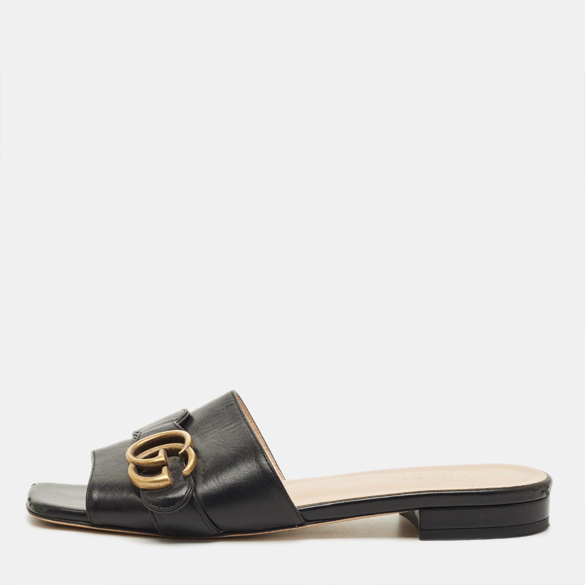 Pre-owned Gucci Interlocking G Size 37 Black Leather Buckle Flat Slide