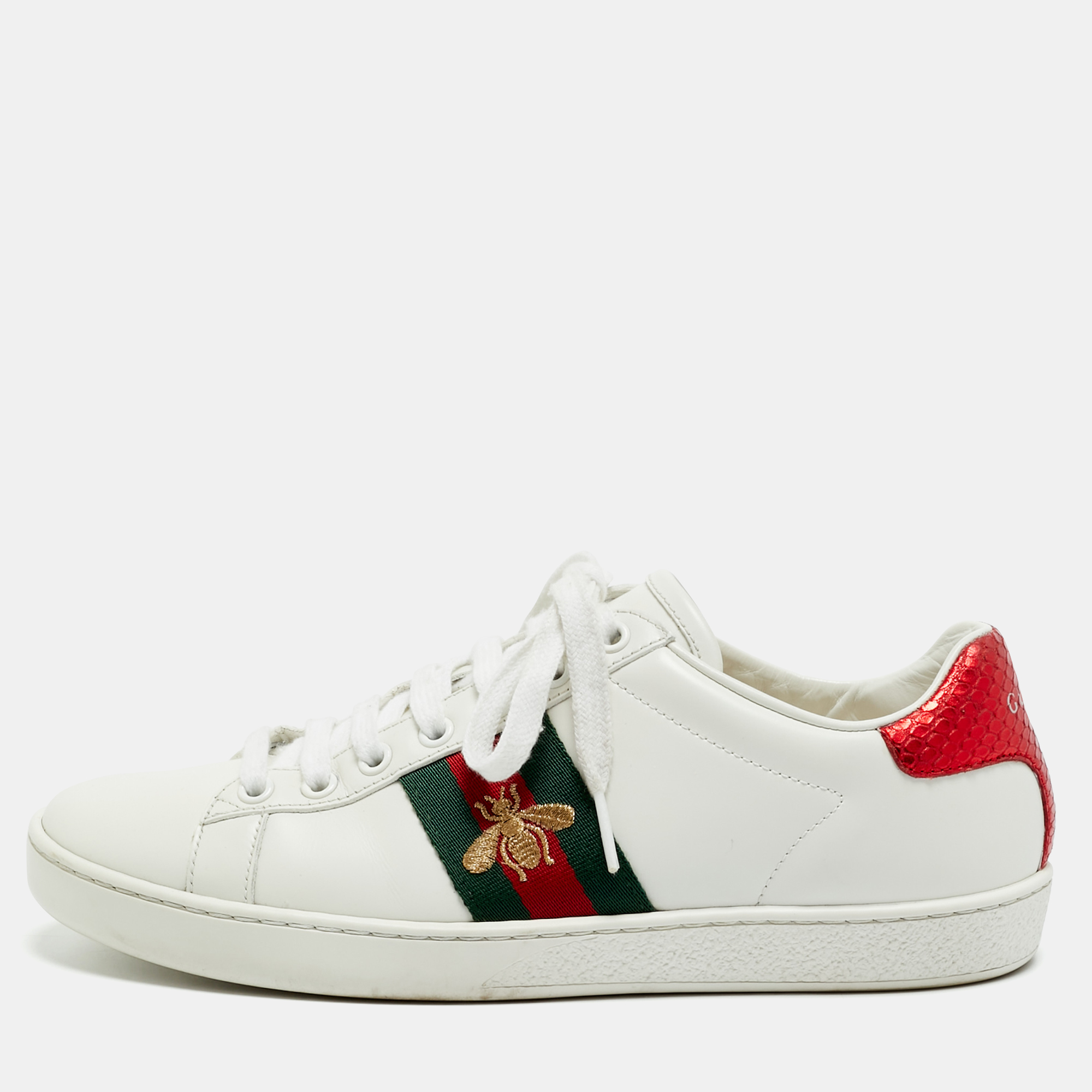 Click to view more detailed imagery on our partner's website Pre-owned Gucci Ace Size 38 White Leather And Python Embossed Leather Low Top Sneakers