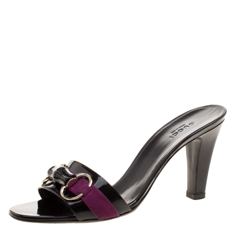 مملوكة مسبقًا Gucci Black Patent Leather Horsebit Bamboo Slide Sandals Size 37