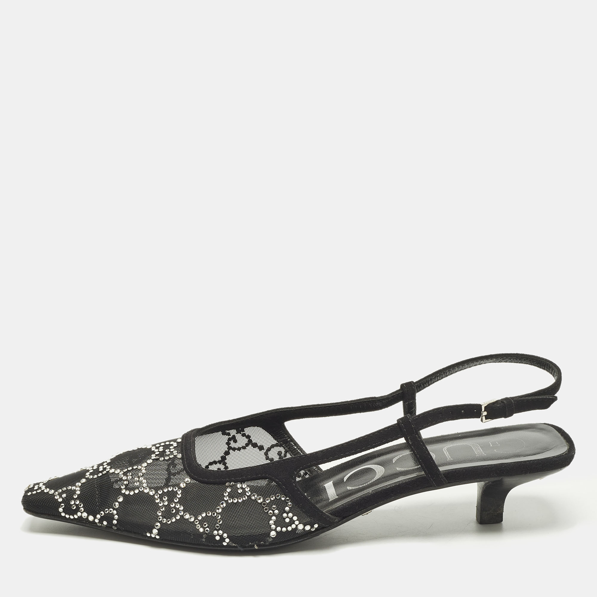 

Gucci Size  Black Mesh and Suede Crystal Embellished Slingback Pumps