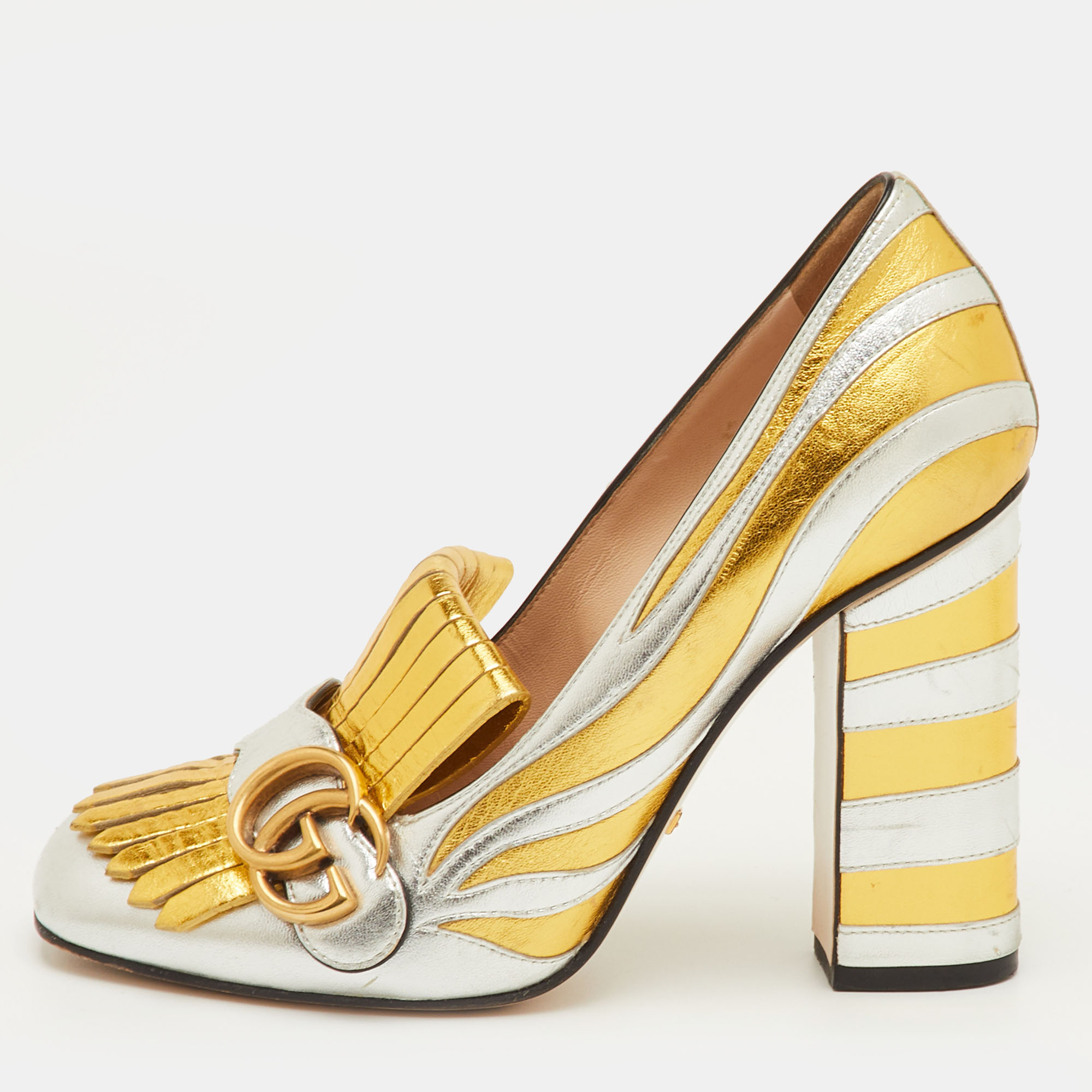 

Gucci GG Marmont Size  Silver/Gold Fringed Leather Block Heel Pumps