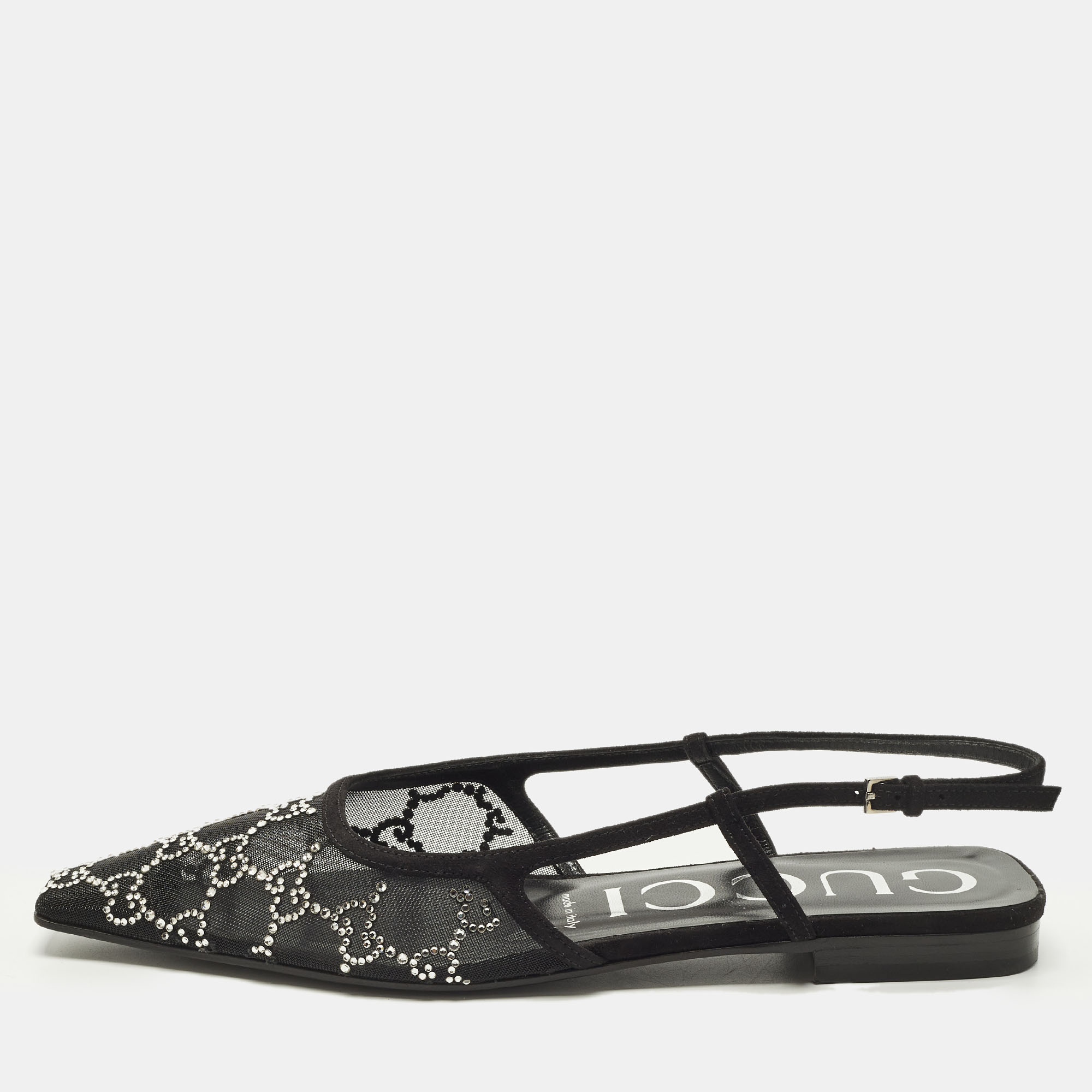 Pre-owned Gucci Size 38 Black Mesh And Suede Crystal Embellished Slingback Flats
