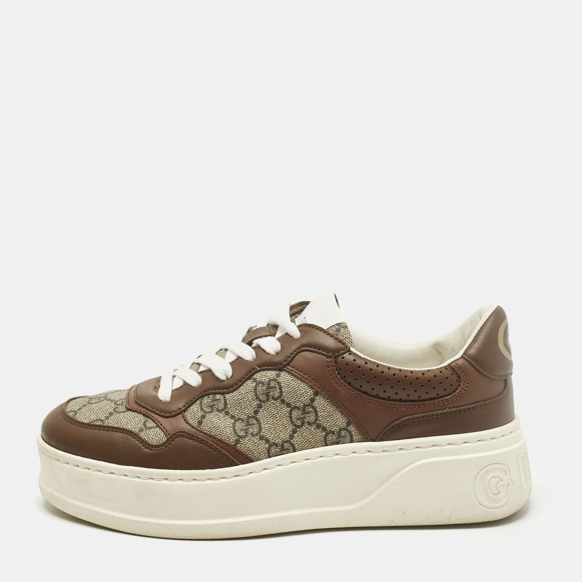 Click to view more detailed imagery on our partner's website Pre-owned Gucci Chunky B Size 38.5 Brown Gg Canvas And Leather Lace Up Sneakers