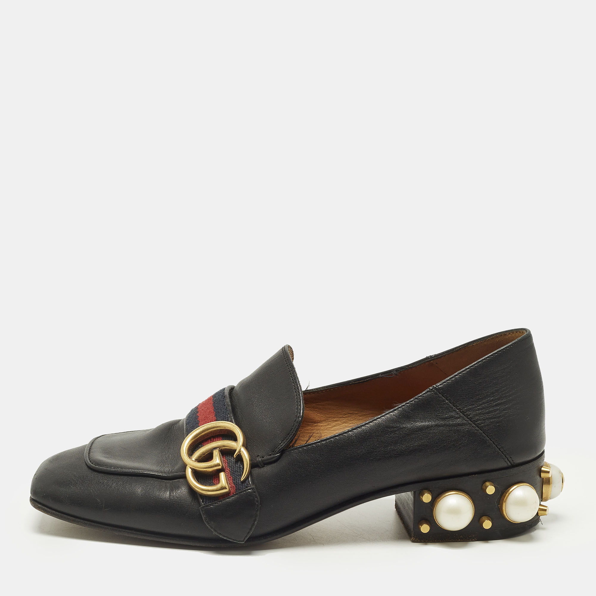 Click to view more detailed imagery on our partner's website Pre-owned Gucci Double G Size 37 Black Leather Web Loafers