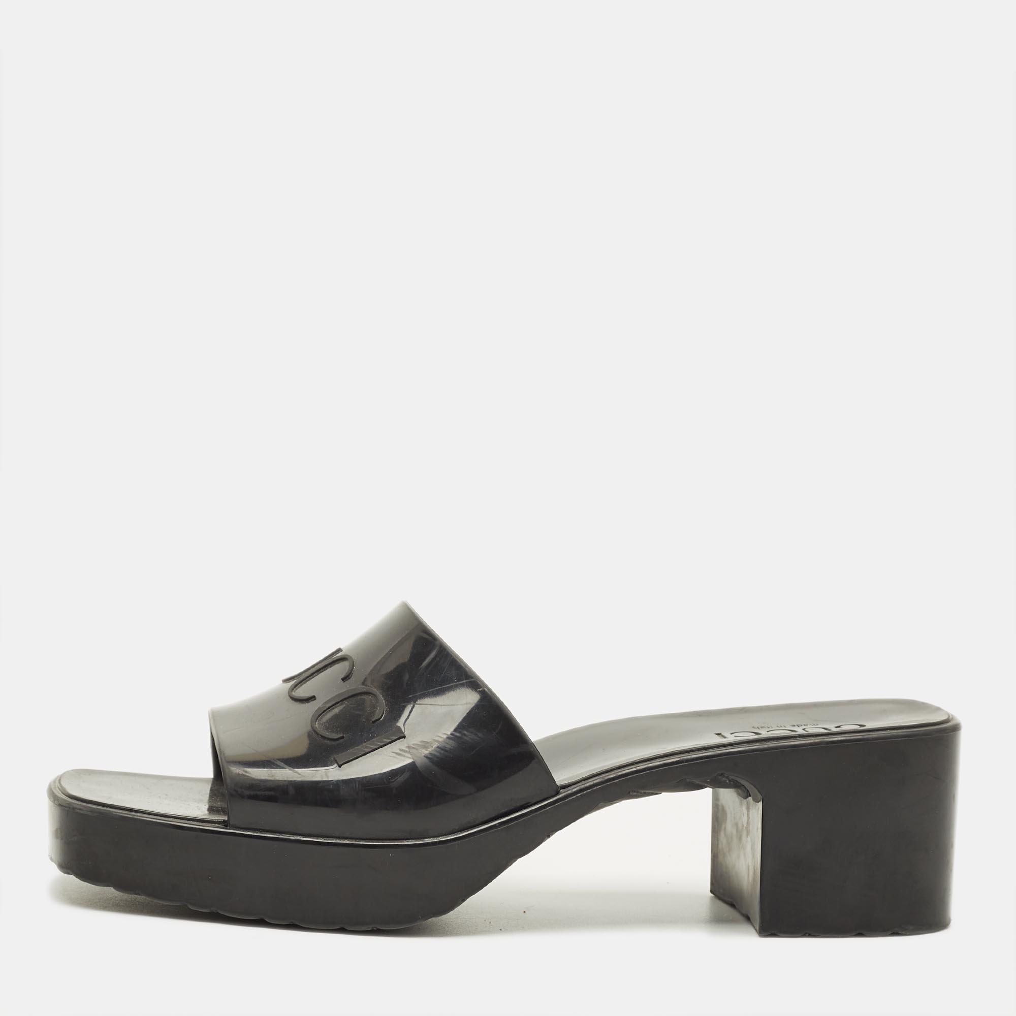 Pre-owned Gucci Gg Logo Size 39 Black Rubber Slide Sandals