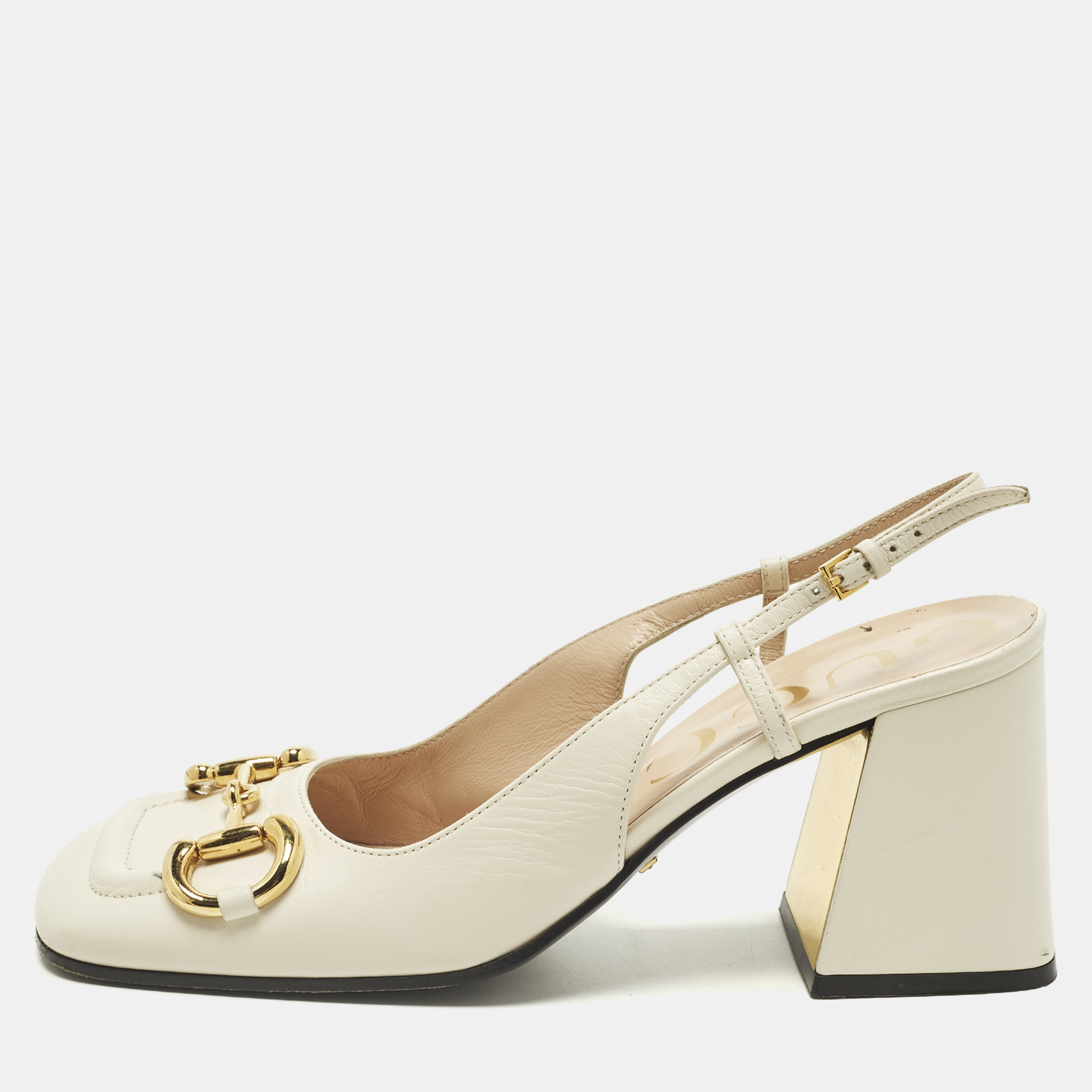 

Gucci Horsebit Size  Cream Leather Slingback Block Heel Pumps