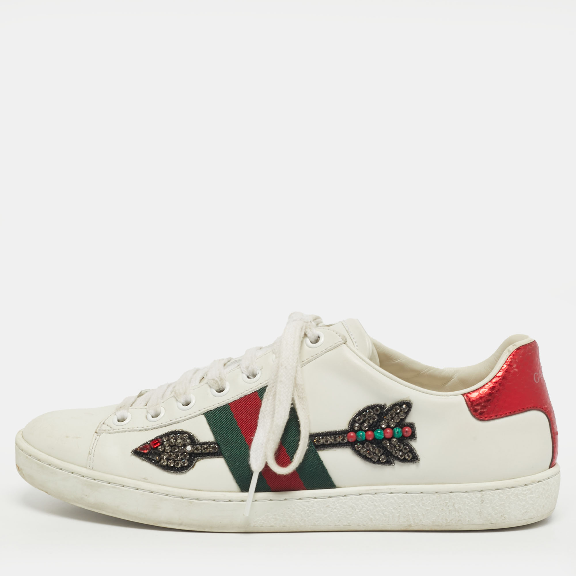 

Gucci Ace Web Size  White Snakeskin Embossed and Leather Lace Up Sneakers