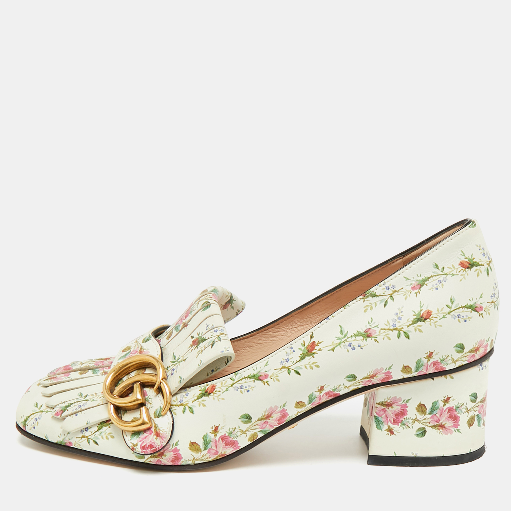 Pre-owned Gucci Marmont Size 36 Multicolor Leather Rose Print Fringe Pumps