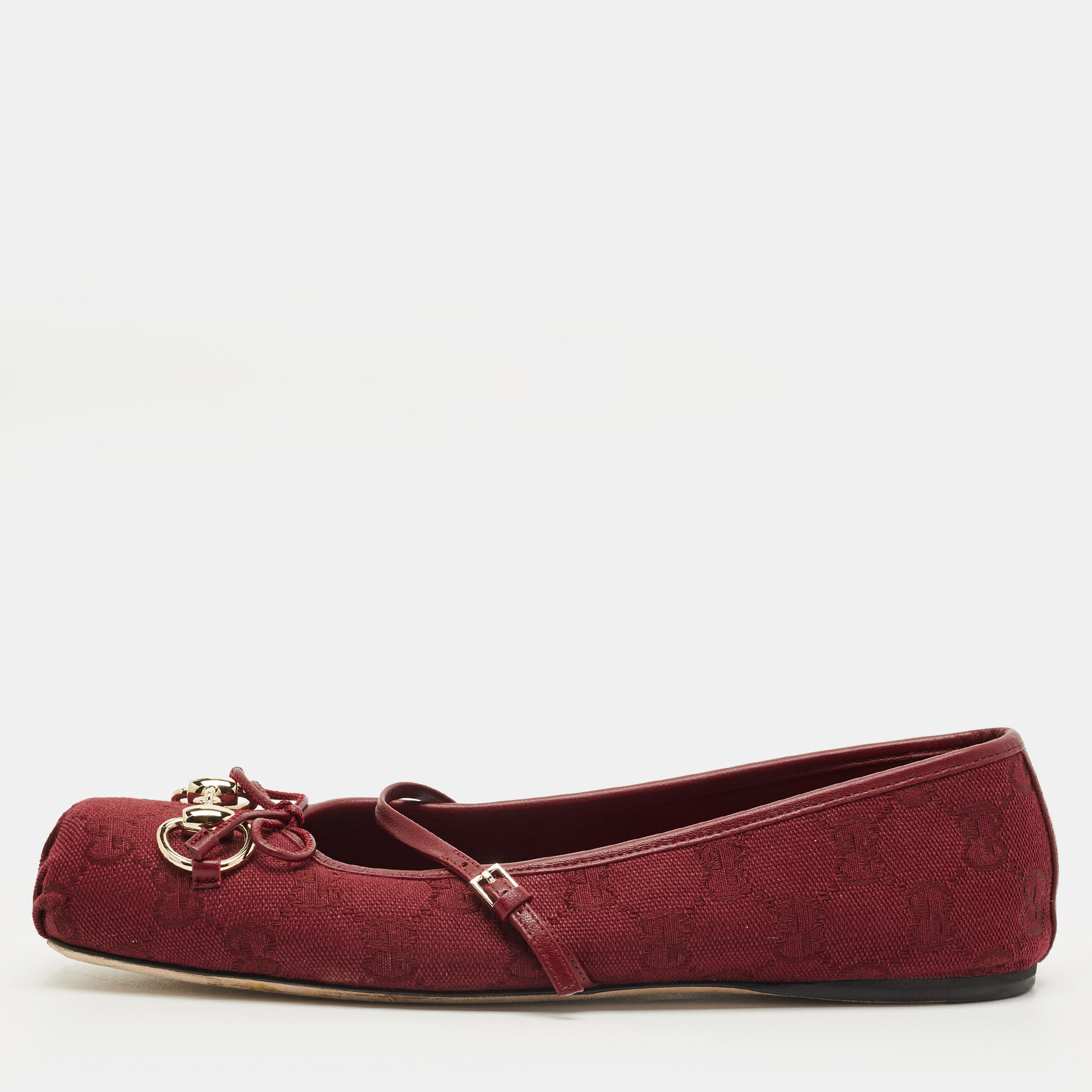 Click to view more detailed imagery on our partner's website Pre-owned Gucci Horsebit Size 38 Burgundy Canvas And Leather Mary-jane Ballet Flats