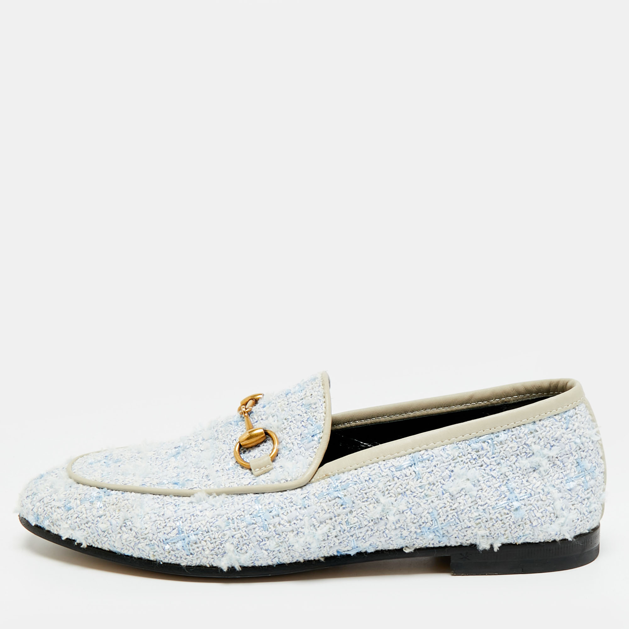 Pre-owned Gucci Horsebit Size 35.5 Blue/white Leather And Tweed Loafers